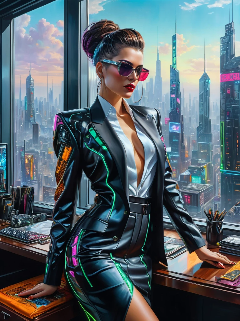 Masterpiece photorealistic oil on canvas painting of a greedy, lean and mean bussiness woman, stylish fashion outfit, at her cyberpunk lavish office, big clear transparent windows, neon, insanely detailed and intricate city view from the windows