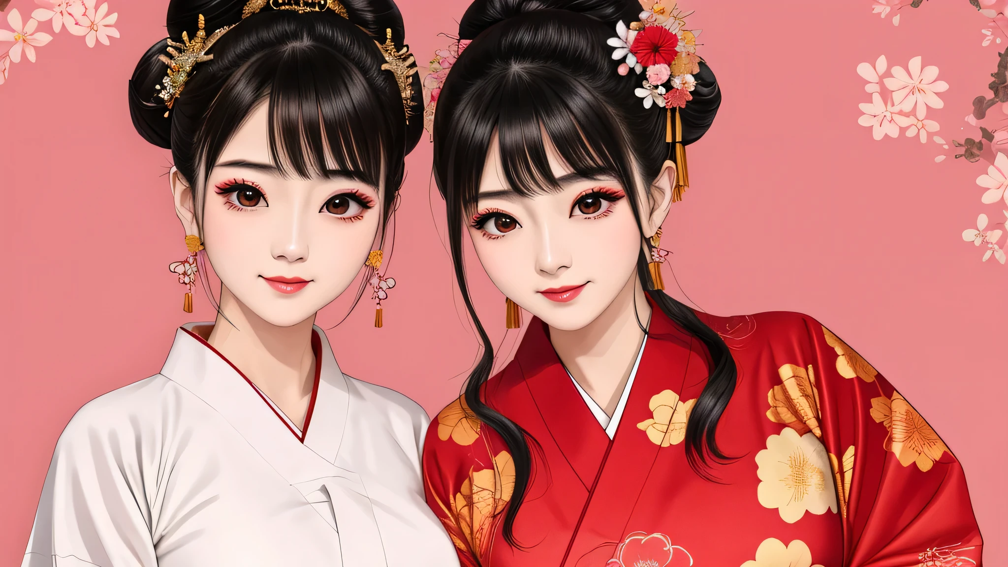 Each has a different expression2People and sisters、(2 girls)、⦅Dancing traditional performing arts gracefully)、((big breasts、small face、not exposed))、highest quality、masterpiece、(black hair、Bun Hair)、brown eyes、⦅wide angle、Angle from above, from the waist up、Pause on the magazine cover、Each person has a different perspective when looking into the distance⦆、(8K high quality、masterpiece、High resolution、Realistic and beautiful light and shadow、(highest quality)、(high resolution)、(very delicate and beautiful)、(beautiful 8k face)、(Close your eyes while smiling、Beautiful eyes)、(Transparent skin)、(soft hair)、(8head and body)、(Japanese-style yukata kimono with red, pink, and orange floral patterns on a white background, mixed with gold powder、Five beautiful Japanese girls wearing yukata)、((tanabata decoration background))、((small face))、(arms up)、thin and small nose、(red lipstick)、(make cheeks red)、(Glossy skin)、((Ink painting style))、extremely thin eyebrows、Overall super high quality、(She wears maiko-style makeup)、Whitening、long and beautiful eyelashes、Glossy skin、(red cheeks),straight nose、masterpiece、highest quality、whole body、 eyebrows visible through hair、Bun Hair、grin、gal、Kogal、Viewer's perspective、Plaid、Fashionable、woman、fine、Pause、
Waiting to start