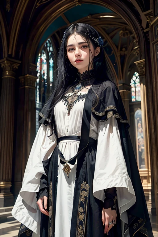 - **Assunto**: Pale young woman with medium black hair.
- **Detalhes do Rosto**: Um olho vermelho brilhante e um olho roxo, enigmatic and intense expression.
- **Vestimenta**: Roupa estilo Choir, predominantemente escura com detalhes intrincados em azul.
- **Estilo de arte**: 2D, inspired by the dark and detailed aesthetic of "Almas escuras".
- **Ambiente**: Fundo nebuloso e sombrio, with blurred gothic architecture in the background.
- **Atmosfera**: Misteriosa e ligeiramente sinistra, evoking a sense of ancient magic and hidden power.
- **Elementos Adicionais**: Luz suave iluminando o rosto da garota, destacando seus olhos contrastantes e os detalhes azuis de sua roupa.