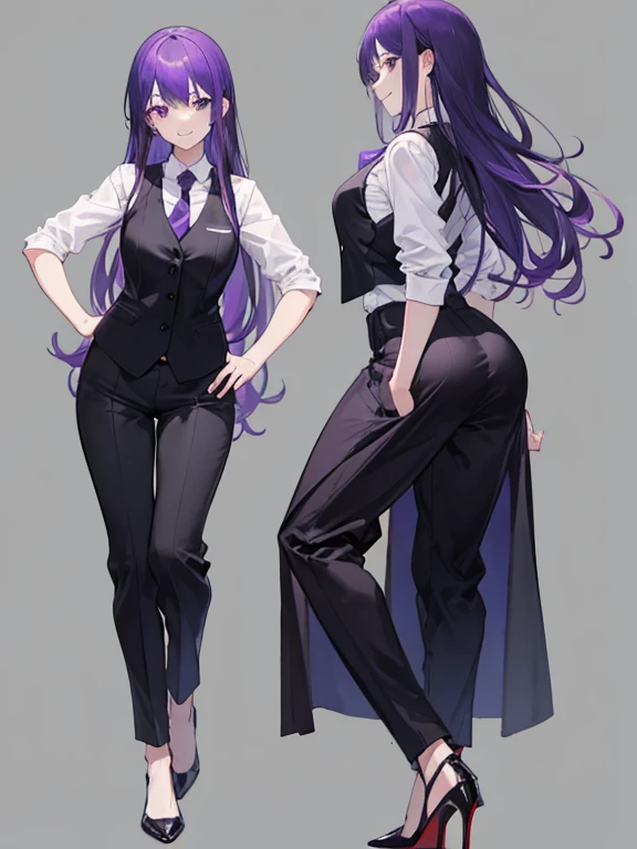 purple,medium long hair,woman,suit,black vest,Shirt with rolled up sleeves,tie,pants,high heels,,simple background,smile,whole body,full body,full body,Standing picture,vtuber,upright,,Standing upright with face and body facing forward,