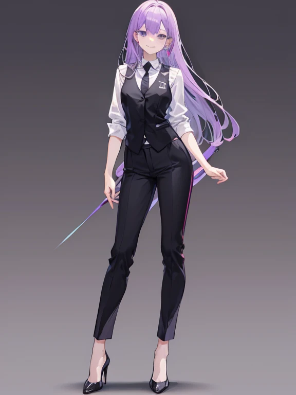 purple,medium long hair,woman,suit,black vest,Shirt with rolled up sleeves,tie,pants,high heels,,simple background,smile,whole body,full body,full body,Standing picture,vtuber,upright,,Standing upright with face and body facing forward,