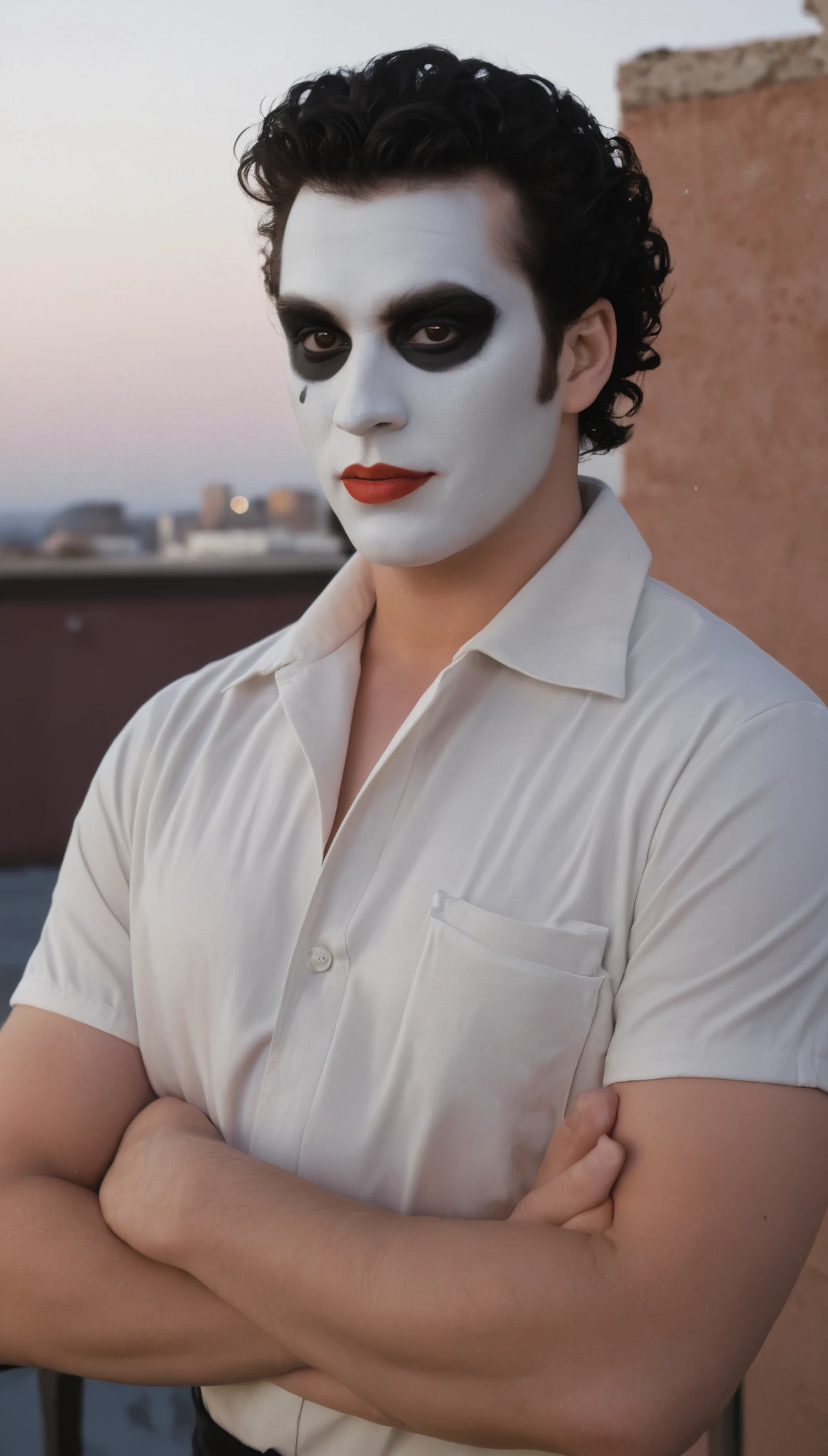 A movie poster, full color, a mime, male, 28 years-old, wearing black and white crow makeup and a bowling shirt with poker symbols, stocky, soft doughy physique, deep brown eyes, wide bulbous nose, full lips, black lipstick, black hair, curly quiff, thick bushy eyebrows, extremely hairy chest, stomach, and arms, lots of body hair, posing on a neon-lit rooftop, hard shadows, RAW photograph, cinematic shot, masterpiece