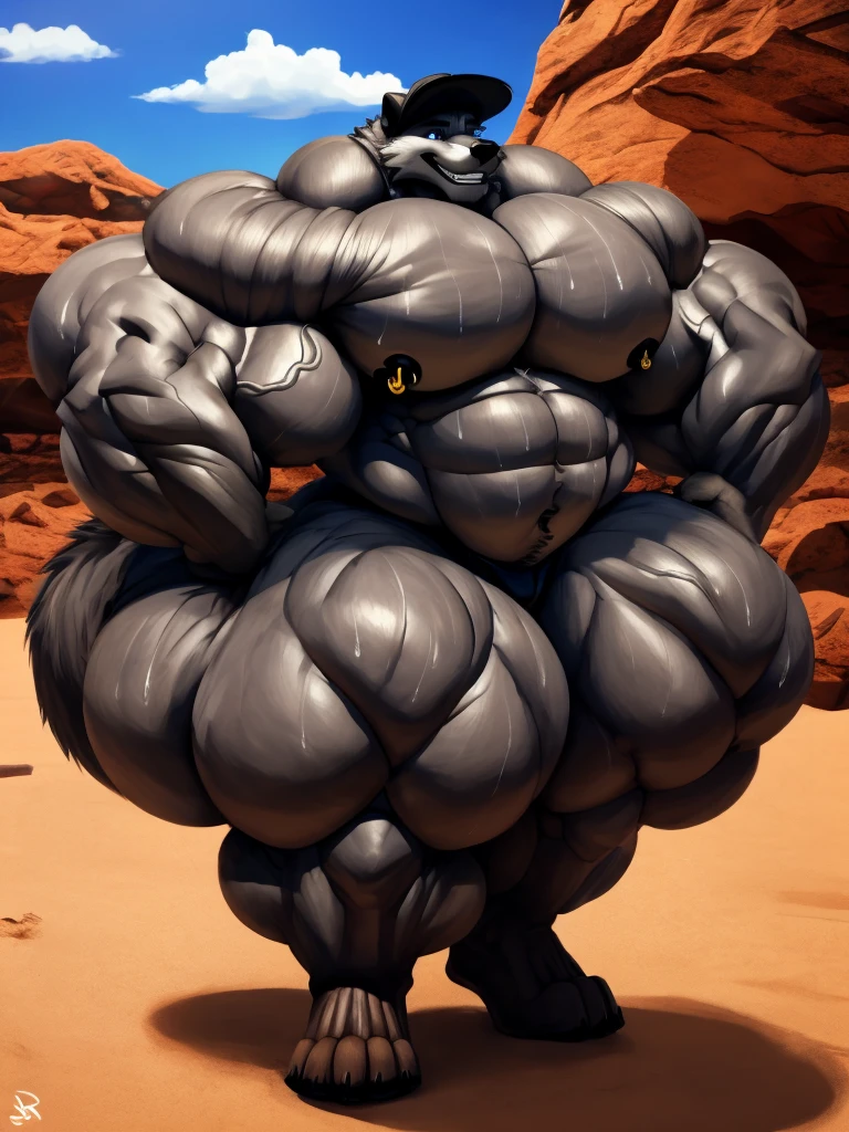 4k, high resolution, best quality, perfect lightning, perfect, solo, anthro, young, boy,wolf:2.0, furry body, (fluffy mane:1.2), fluffy tail, male, adult, (bulky2:0, thick muscles2:0, huge muscles:2.0, hyper muscles:2.0), (thick biceps, veiny biceps, big broad veiny pecs:2.0, broad shoulders:2.0), (thick legs, thick calves:1.1), (digitigrade legs, 4 toes:1.2), perfect colors, (photorealistic fur, detailed fur, epic, masterpiece), (suggestive posing:1.2), (seductive smile, lustful grin 1.3), detailed beach,detailed wolf eyes:2.0, by k0suna, by darkgem,nipple ring,big pecs:2.0,hyper arms:2.0,veins,hyper butt:2.0,hyper paws:2.0,standing,thick legs,thick butts:2.0,sweat body:2.0,massive butt:2.0,black hat,hyper ass:2.0,huge ass:2.0,presenting butt