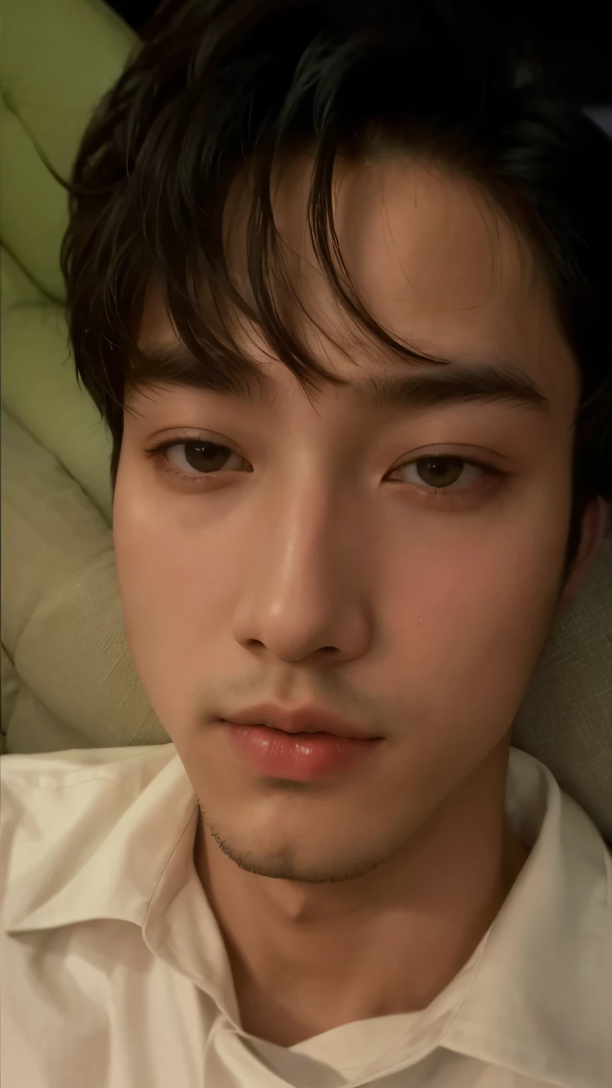 Arad man in a white shirt sitting on the sofa,hand on the head, Cai Xukun, yanjun cheng, 1 7 - year - old boy thin face, headshot profile picture, xintong chen, inspired by Ding Yunpeng, jinyiwei, zmonzheng, drak, steve zheng, yihao ren, wenjun lin