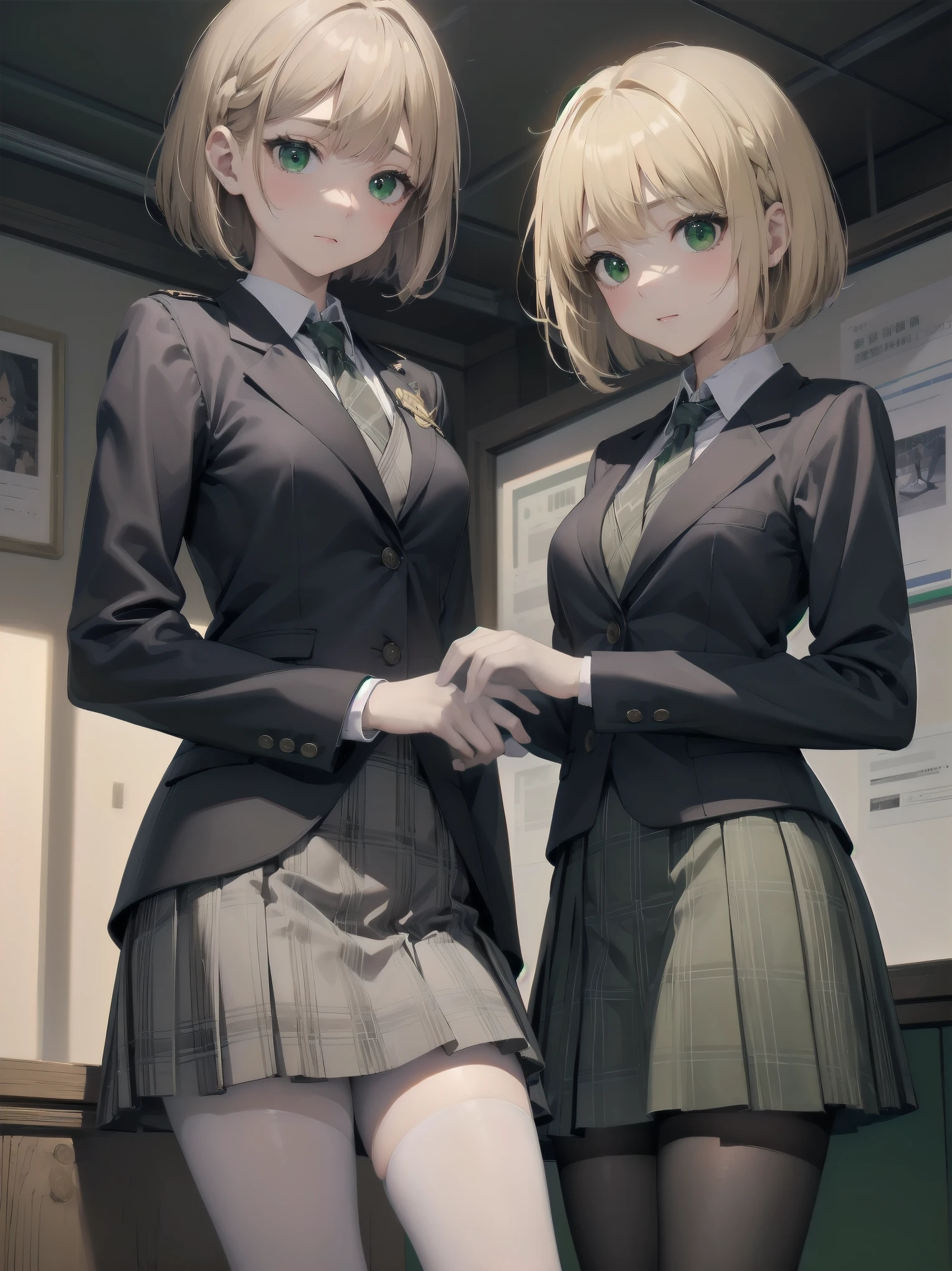 Top-High quality、Highest image quality、masterpiece、high contrast、Elegant、erotic expression、high school girl、blonde、Bob cut braids、uniform、(brown blazer)、ribbon tie、(Green and gray plaid skirt)、(black tights)、cinematic lighting、fine shading、cute、Truly unbelievably cute absurd、outside、outside苑