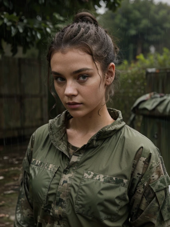 French, messy bun, green eyes, camo military fatigues, outdoor, barracks, raining, wet clothes, muddy, crawling