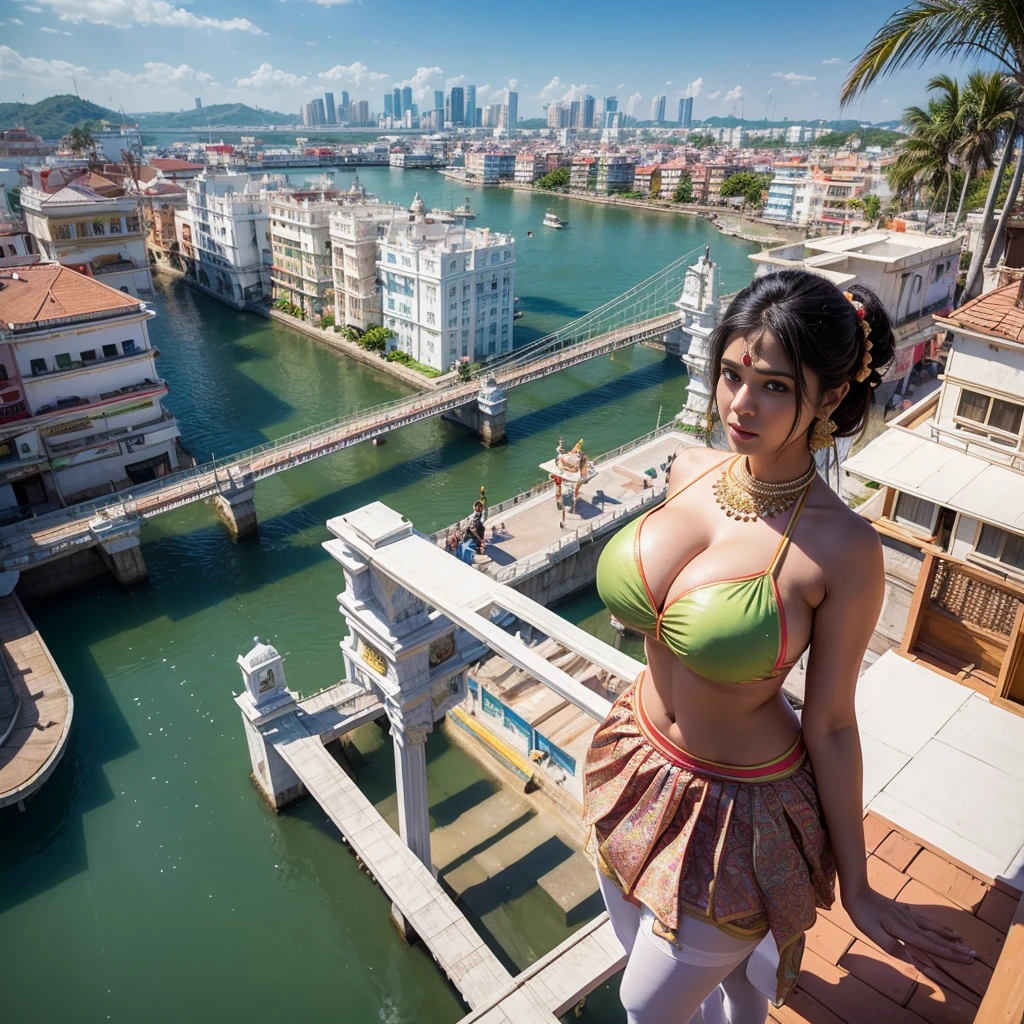 Two Indian women, wearing Indian traditional costume, bikini and white boyshort pantyhose, The image depicts a colorful, cartoonish city built on stilts over water. The buildings are connected by bridges, and the roofs are made of colorful tiles. The entire scene has a low-poly, 3D aesthetic.