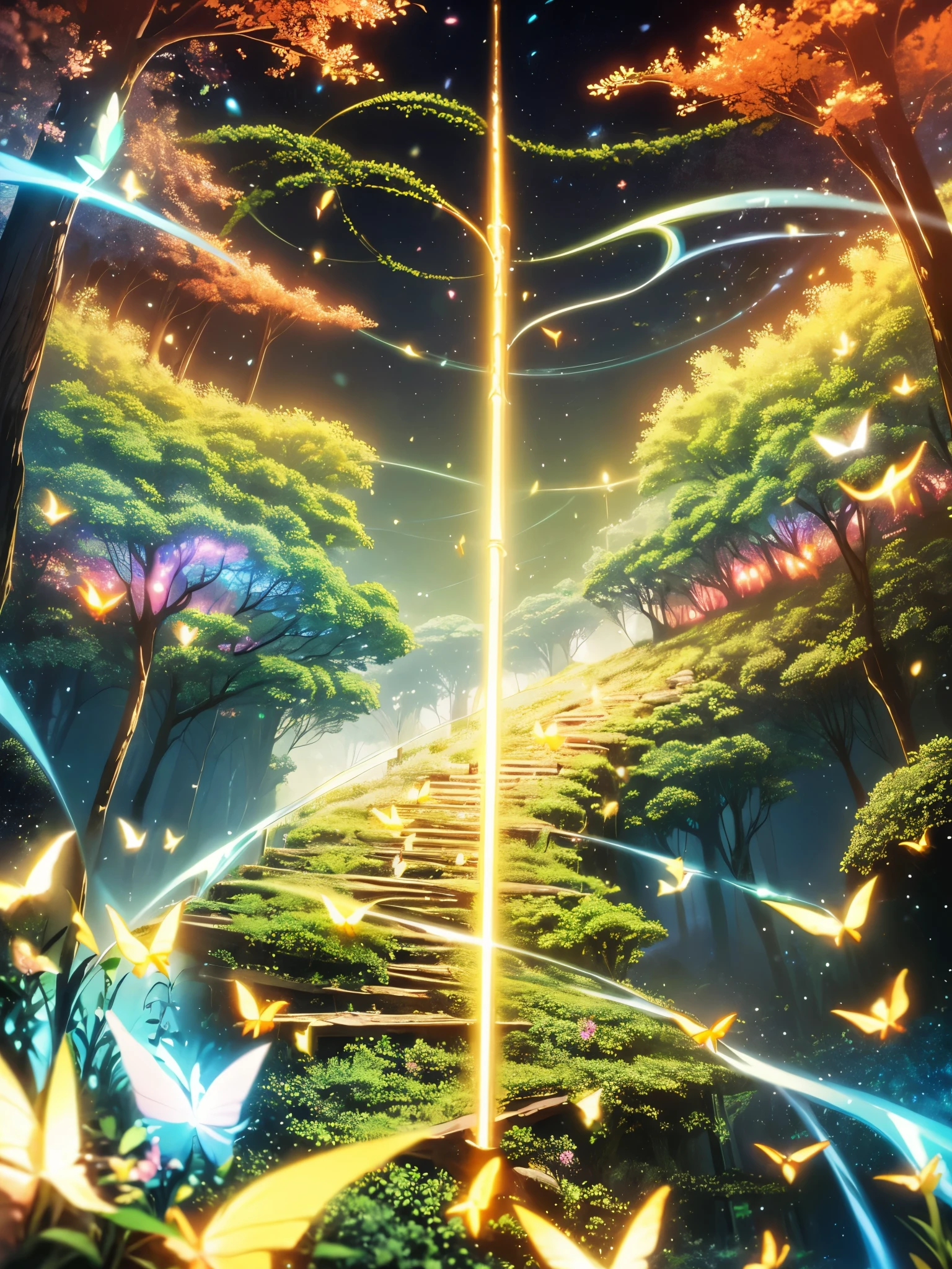 path with steps curving towards the sky, (((an enchanted forest, with sinister trees smiling in the dark, glowing eyes among the bushes, fairies and neon fireflies flying across the view))), forest with rose flowers of various colors , {extremely detailed 16k CG unit wallpaper}, expansive landscape photography, (a low angle view focusing on the character and the sky above), (wide open field view), (low angle shot), ( high light: 1.1), (low light: 1.5), (warm light source: 1.2), complex details, (iridescent colors: 1.5), (bright lighting), (atmospheric lighting), dreamy, unique, fairy tale