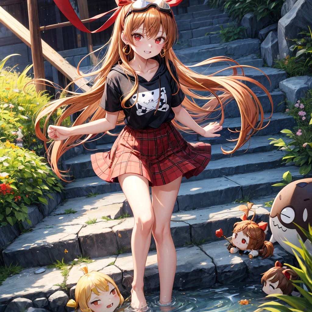 Brown, red, gold, golden hair、red eyes、one good looking girl、solo、anime、plaid mini skirt、black camisole、black t-shirt、hoodie、wearing a ribbon、ribbon at waist、Crystal Earrings、treasure石のネックレス、Light and shadow、Tilting face、teeth are visible、pillar、kind face、Kuroko、Diamond dust、grassland、Water running down the stairs、overflowing、Ants are walking、sulking、is increasing、treasure、Hope、wearing goggles on head、wearing headphones