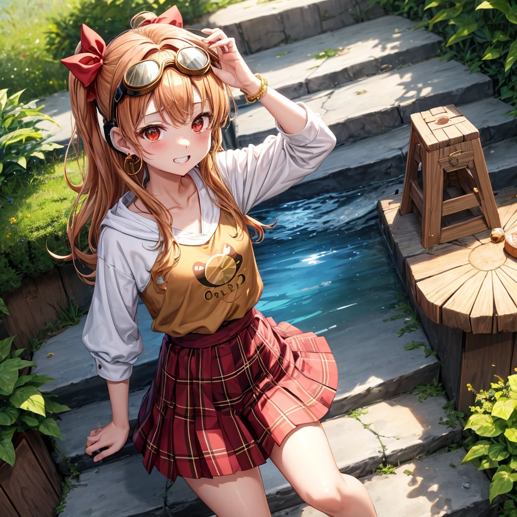 Brown, red, gold, golden hair、red eyes、one good looking girl、solo、anime、plaid mini skirt、black camisole、black t-shirt、hoodie、wearing a ribbon、ribbon at waist、Crystal Earrings、treasure石のネックレス、Light and shadow、Tilting face、teeth are visible、pillar、kind face、Kuroko、Diamond dust、grassland、Water running down the stairs、overflowing、Ants are walking、sulking、is increasing、treasure、Hope、wearing goggles on head、wearing headphones