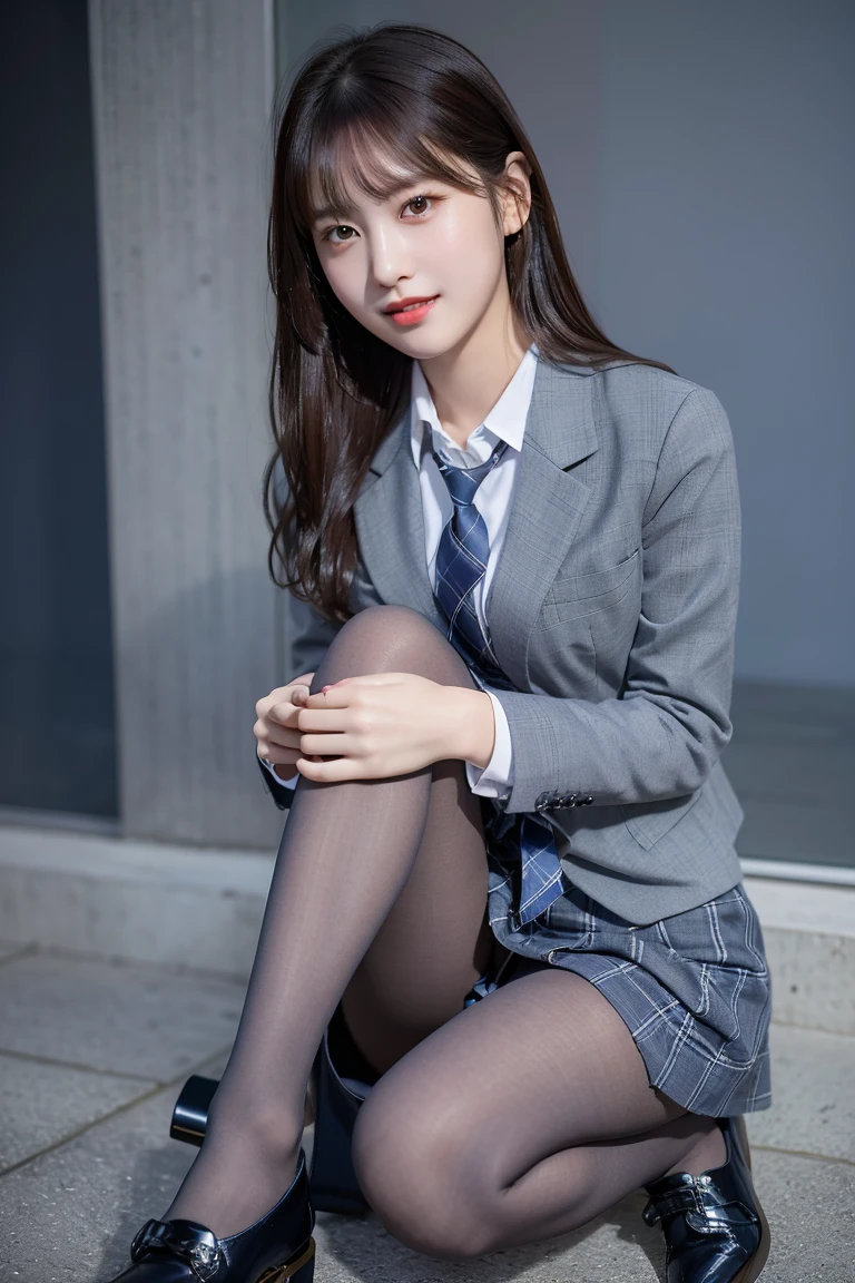 (8K), (highest quality: 1.2), (realistic), (realistic: 1.37), ultra high resolution, (1 girl), cute, smile, closed mouth, beautiful details, beautiful nose, wet hair, giant dulcefo, pork, thighs，self snap,University Student Uniform,A simple navy blue blazer,pleated skirt,(The skirt and tie are gray tartan check pattern....:1.3),(sitting:1), sit on the ground,(hug your feet:1),(pink pantyhose),from the front,knees