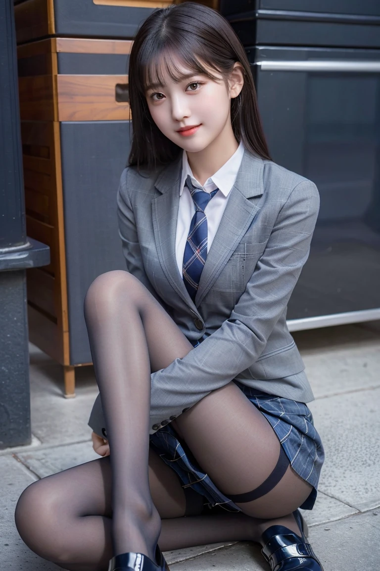(8K), (highest quality: 1.2), (realistic), (realistic: 1.37), ultra high resolution, (1 girl), cute, smile, closed mouth, beautiful details, beautiful nose, wet hair, giant dulcefo, pork, thighs,self snap,University Student Uniform,A simple navy blue blazer,pleated skirt,(The skirt and tie are gray tartan check pattern....:1.3),(sitting:1), sit on the ground,(hug your feet:1),(pink pantyhose),from the front,knees