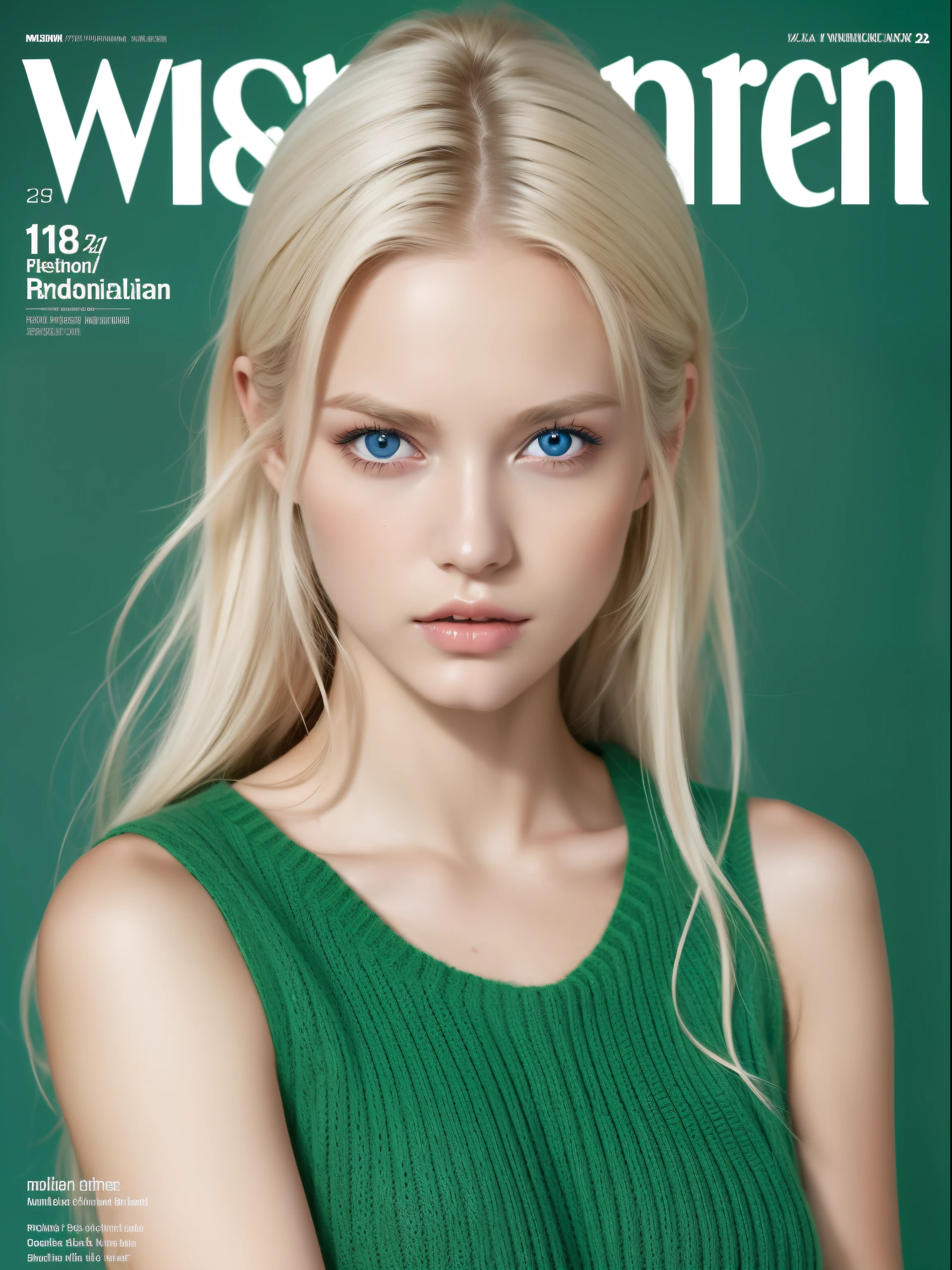 Magazine cover,Sweater VirginKiller, Side chest, (Without sleeves:1.2), Milling_cut,{{German girls from 18 to 22 years old.}}, Beautiful German girl，blue eyes or green eyes，platinum blonde hair color), Nordic German girl,