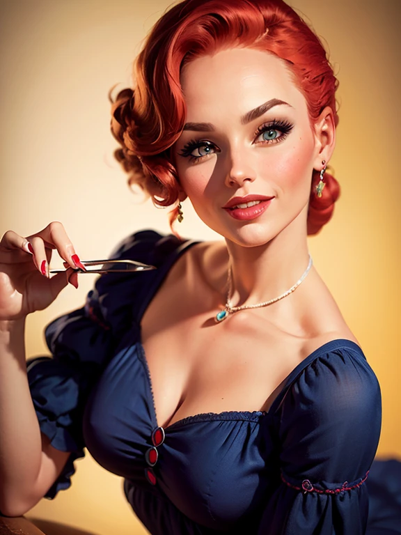 (best quality, masterpiece, ultra-detailed)vintage colors,woman, 32 years-old,vintage pin-up,red hair,bangs,beautiful detailed face, big eyelashes,ponytail,little smile,summer dress,photographic studio scenario