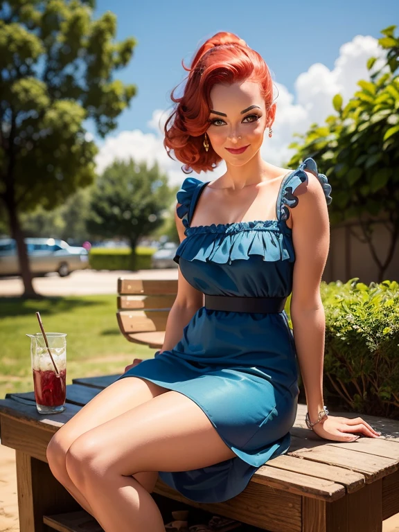 (best quality, masterpiece, ultra-detailed)vintage colors,woman, 32 years-old,vintage pin-up,red hair,bangs,beautiful detailed face, big eyelashes,ponytail,little smile,summer dress,photographic studio scenario