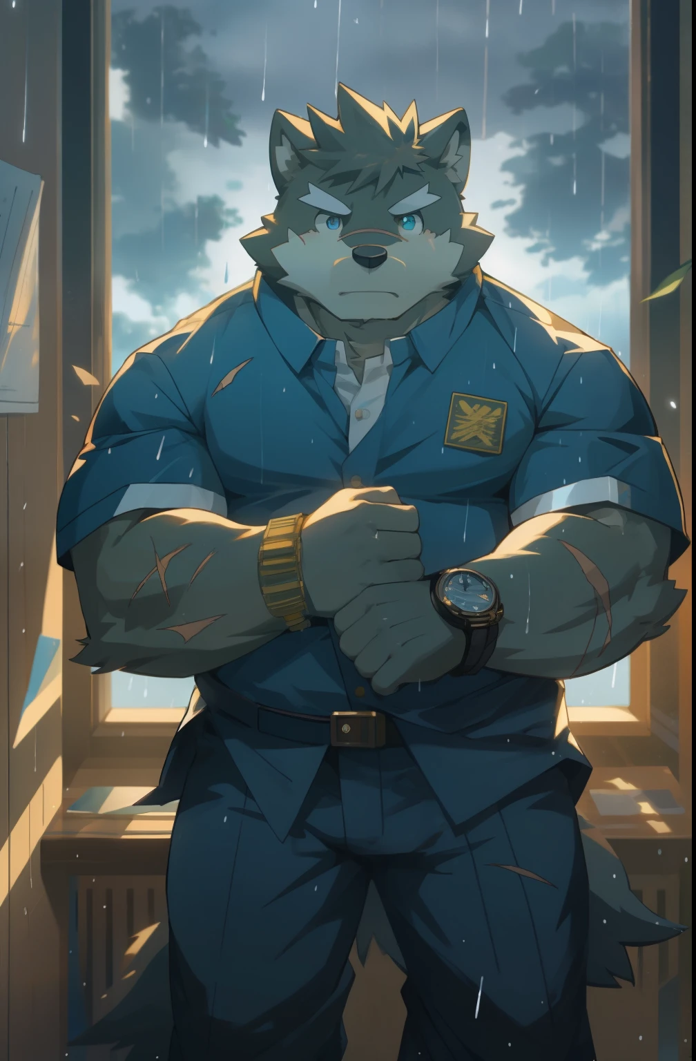 masterpiece,night,anthropomorphic dog,one person,(((s hair))),male,26 years old,thick eyebrows,Light-colored fur,Strong body,Large pecs,(((,Torn blue clothes,gold watch,Contacts))),full-body shot,在废墟fighting,(((Hold a walkie-talkie))),(((Looking at the window)))dark night,Light,Damaged classroom,(((There are scars on the face))),Serious,emotional focus,looking at the audience,peaceful,fighting人员,fighting,golden pupils,big eyes,Strong,Lying on the bed,full body image,天空dark clouds密布,cloudy day,green plants,it'It's raining,big tree,high-rise,dark clouds(((background:Abandoned classroom 1.5))),(((Detailed character description))),