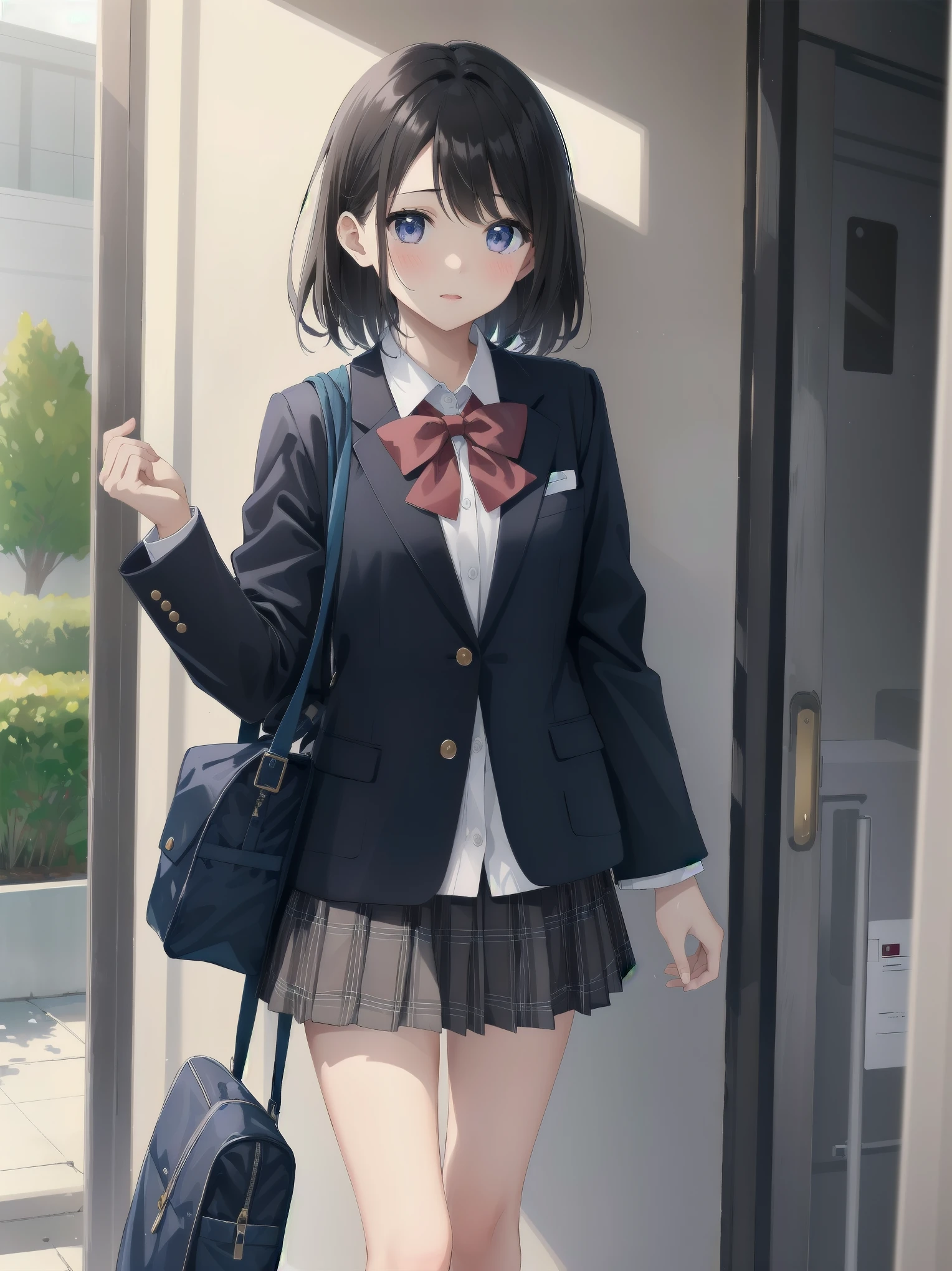 1 girl、spring、high school student、uniform、warm color、Commuting to school、Accurate and highly detailed backgrounds、cute