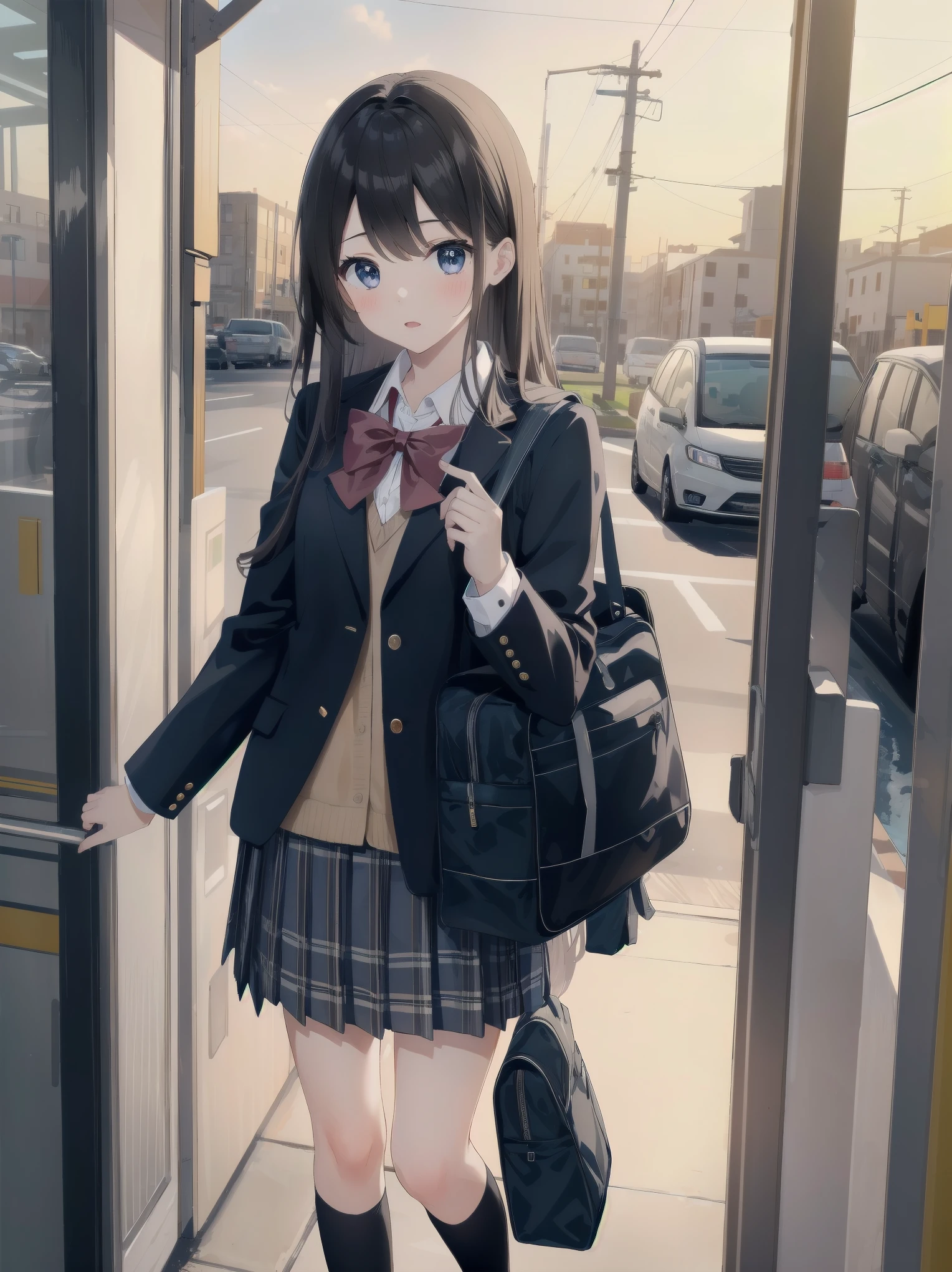 1 girl、spring、high school 、uniform、warm color、Commuting to school、Accurate and highly detailed backgrounds、cute