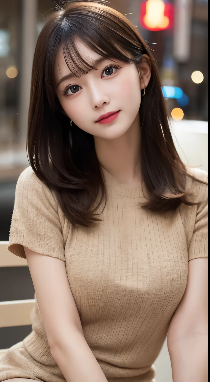 table top, highest quality, shape, Super detailed, finely, High resolution, 8k wallpaper, 完璧なダイナミックな構shape, beautiful and detailed eyes, straight hair, small breasts, natural color lip, random sexy pose,smile,20 year old girl、midnight、Beautiful and dense face、perfect and beautiful face,Big eyes、Raw photo、beautiful and detailed eyes、small face、beautiful duplex、slim face and style,Beautiful golden ratio face、tight dress、Please make a cute face、Harajuku、blurred background