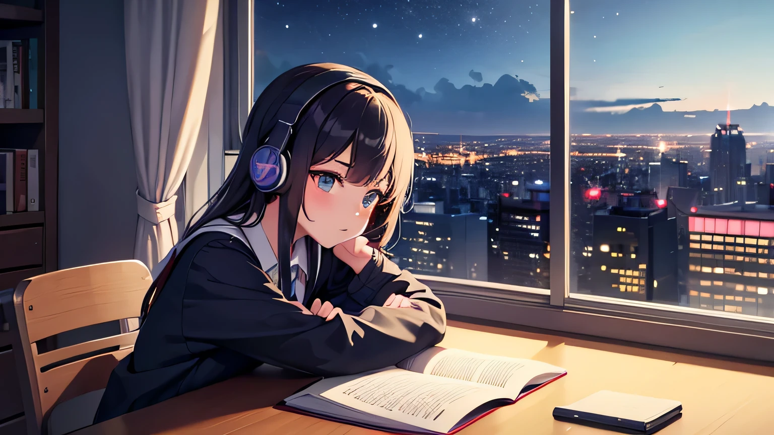 A cute girl wearing headphones is studying at a desk by the window with a night view of the city, reading a book illuminated by a desk light. Anime style.