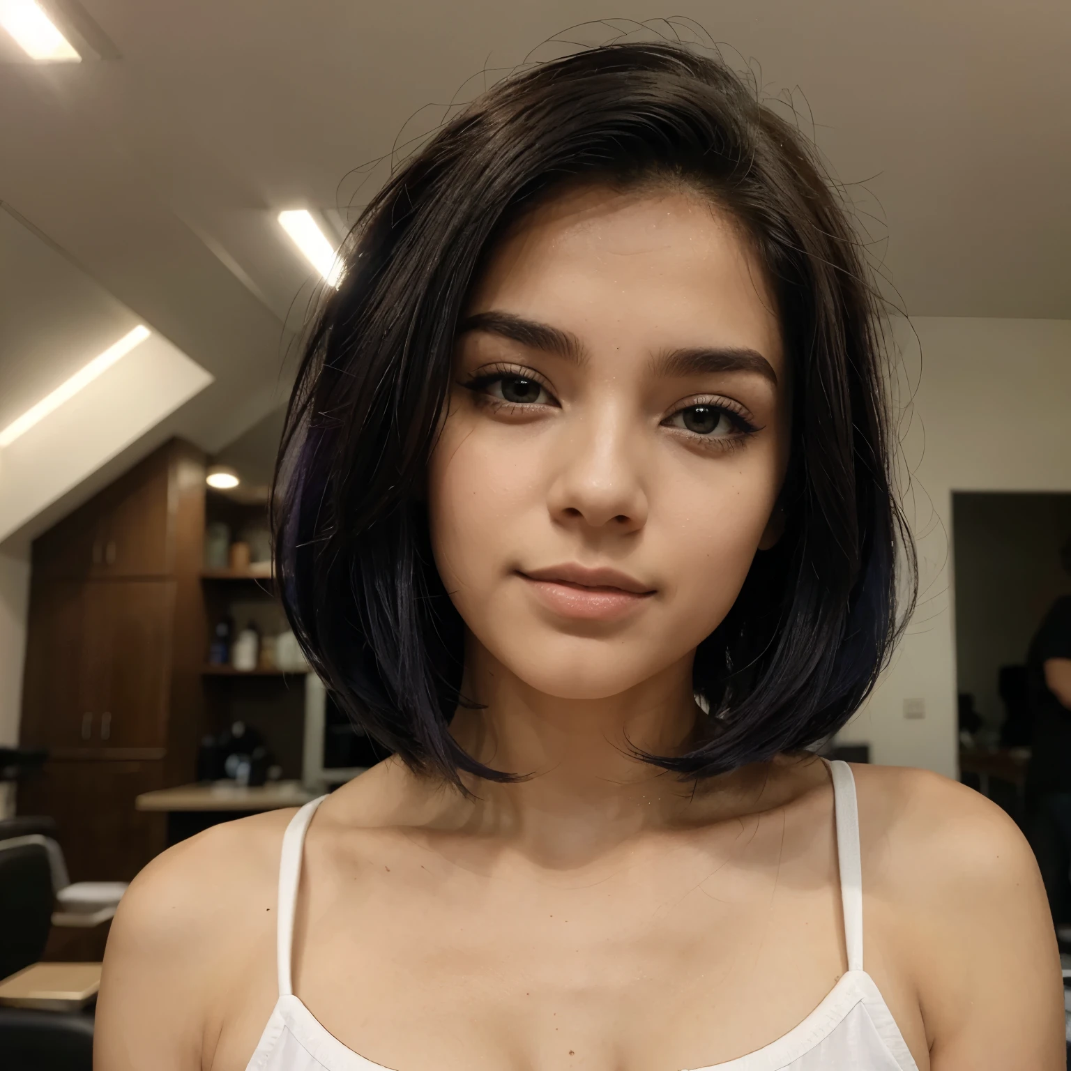 1girl, 20 years old, short black hair, ((Looking interested!! Looking amused!! Smug. Sly smile)). (((Looking at camera))). Masterpiece, photorealistic, raw photography, top quality, best quality, beautiful eyes, perfect eyes, upper body, muscular, attractive. NSFW, topless, indoors.