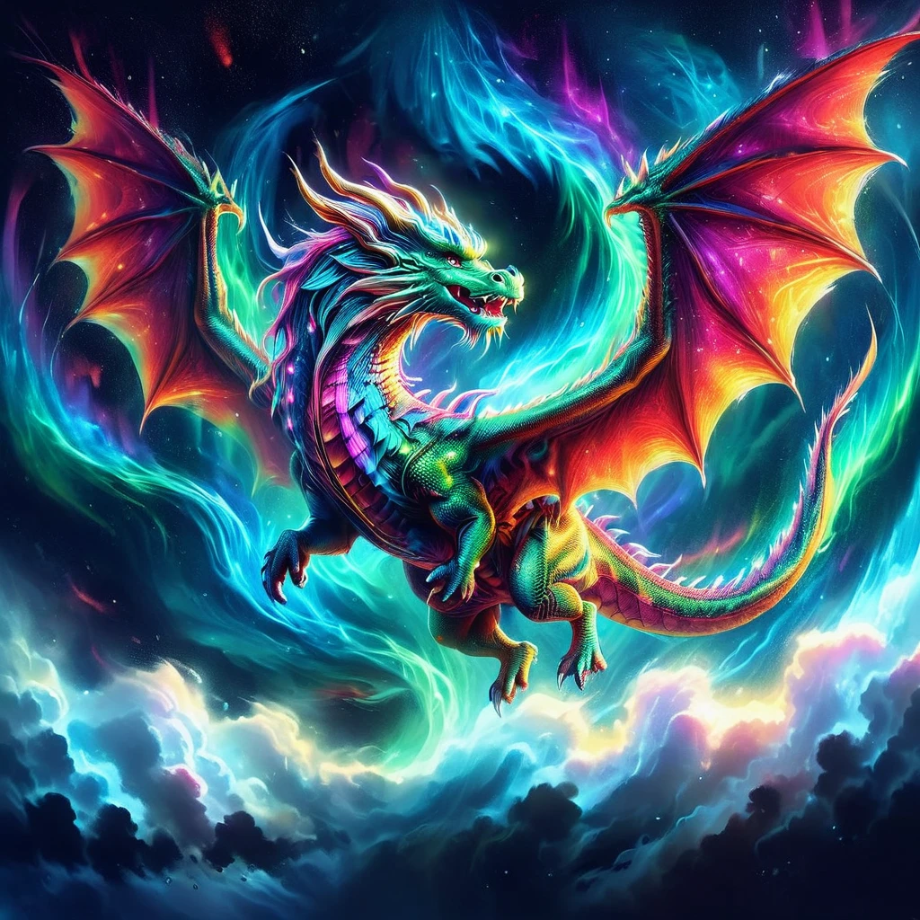 A majestic dragon soaring through the sky, The scene is captured in a digital painting, characterized by vibrant colors and dynamic brushstrokes, The whole image holds an aura of a fantasy world, with the possibility of magic and other whimsical elements present, The style of the digital painting lends drama and movement to the scene, making the dragon appear even more awe-inspiring as it cuts gracefully through the air.