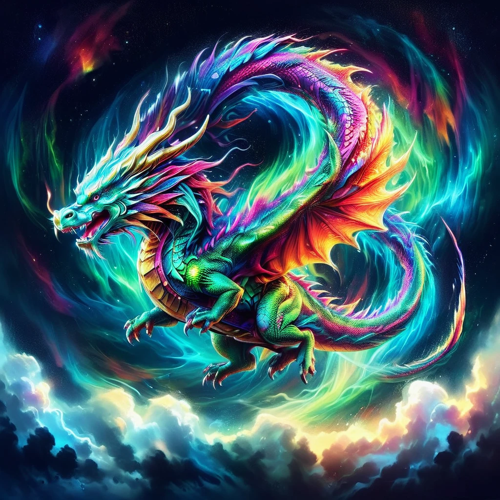 A majestic dragon soaring through the sky, The scene is captured in a digital painting, characterized by vibrant colors and dynamic brushstrokes, The whole image holds an aura of a fantasy world, with the possibility of magic and other whimsical elements present, The style of the digital painting lends drama and movement to the scene, making the dragon appear even more awe-inspiring as it cuts gracefully through the air.