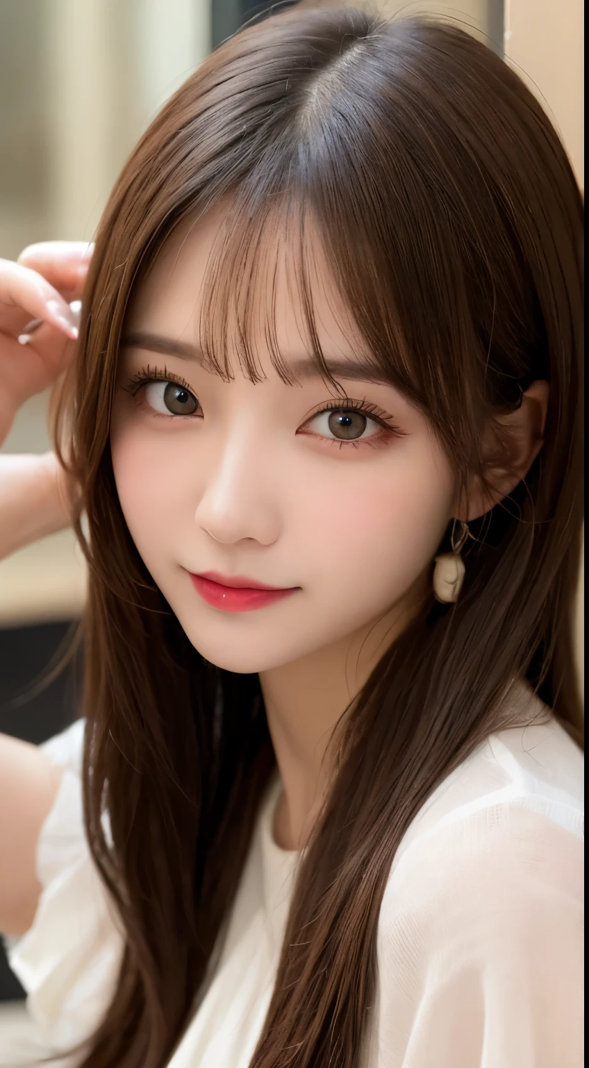 table top, highest quality, shape, Super detailed, finely, High resolution, 8k wallpaper, 完璧なダイナミックな構shape, beautiful and detailed eyes,ランダムなcute髪,,natural color lip, bold sexy pose,smile、20 year old girl、cute、look at the camera,perfect and beautiful face,slim face and style,Big eyes、Do gal makeup,small face、smile,Sheer White Blouse、flare skirt、blurred background