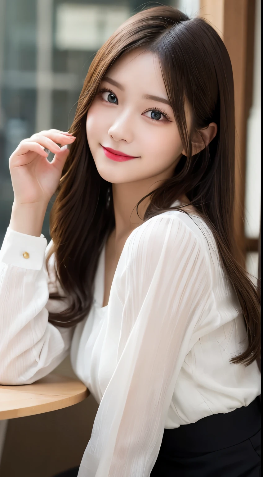 table top, highest quality, shape, Super detailed, finely, High resolution, 8k wallpaper, 完璧なダイナミックな構shape, beautiful and detailed eyes,ランダムなcute髪,,natural color lip, bold sexy pose,smile、20 year old girl、cute、look at the camera,perfect and beautiful face,slim face and style,Big eyes、Do gal makeup,small face、smile,Sheer White Blouse、flare skirt、blurred background