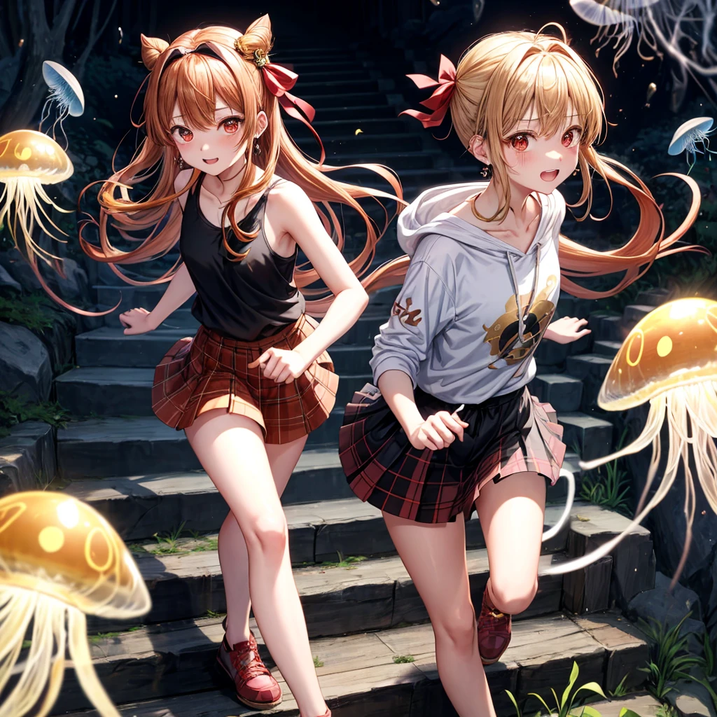Brown, red, gold, golden hair、red eyes、one good looking girl、solo、anime、plaid mini skirt、black camisole、black t-shirt、hoodie、wearing a ribbon、ribbon at waist、Crystal Earrings、treasure石のネックレス、Light and shadow、Tilting face、teeth are visible、pillar、kind face、Kuroko、Diamond dust、grassland、Water running down the stairs、overflowing、Ants are walking、sulking、is increasing、treasure、Hope、wearing goggles on head、wearing headphones、jellyfish