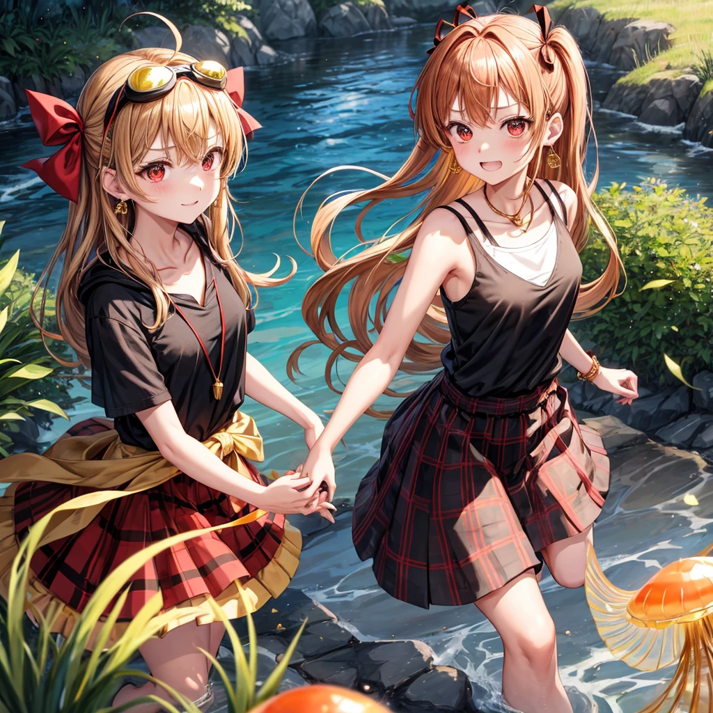 Brown, red, gold, golden hair、red eyes、one good looking girl、solo、anime、plaid mini skirt、black camisole、black t-shirt、hoodie、wearing a ribbon、ribbon at waist、Crystal Earrings、treasure石のネックレス、Light and shadow、Tilting face、teeth are visible、pillar、kind face、Kuroko、Diamond dust、grassland、Water running down the stairs、overflowing、Ants are walking、sulking、is increasing、treasure、Hope、wearing goggles on head、wearing headphones、jellyfish