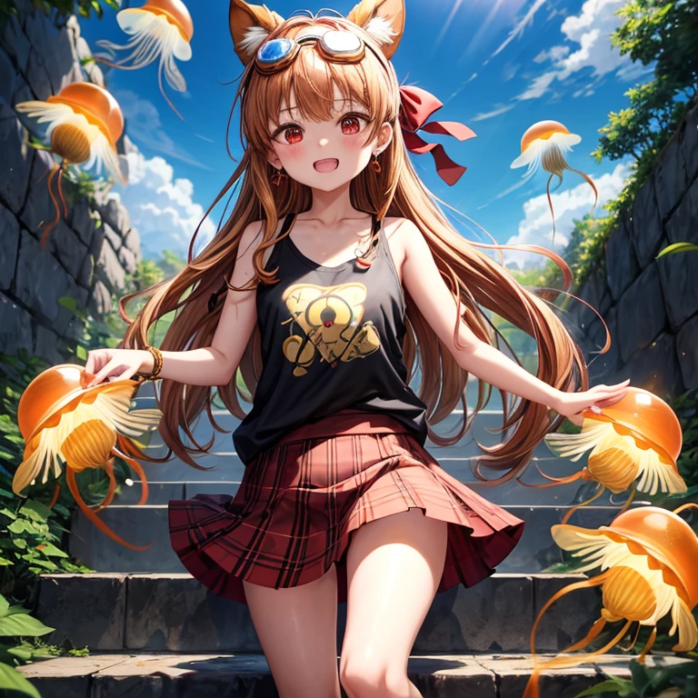 Brown, red, gold, golden hair、red eyes、one good looking girl、solo、anime、plaid mini skirt、black camisole、black t-shirt、hoodie、wearing a ribbon、ribbon at waist、Crystal Earrings、treasure石のネックレス、Light and shadow、Tilting face、teeth are visible、pillar、kind face、Kuroko、Diamond dust、grassland、Water running down the stairs、overflowing、Ants are walking、sulking、is increasing、treasure、Hope、wearing goggles on head、wearing headphones、jellyfish