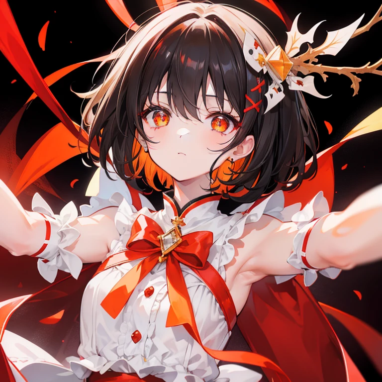 The short black hair has a slight reddish tinge,The head is decorated with a white bow,Crimson pupils,Red, orange and yellow clothes,Is a cute ,,