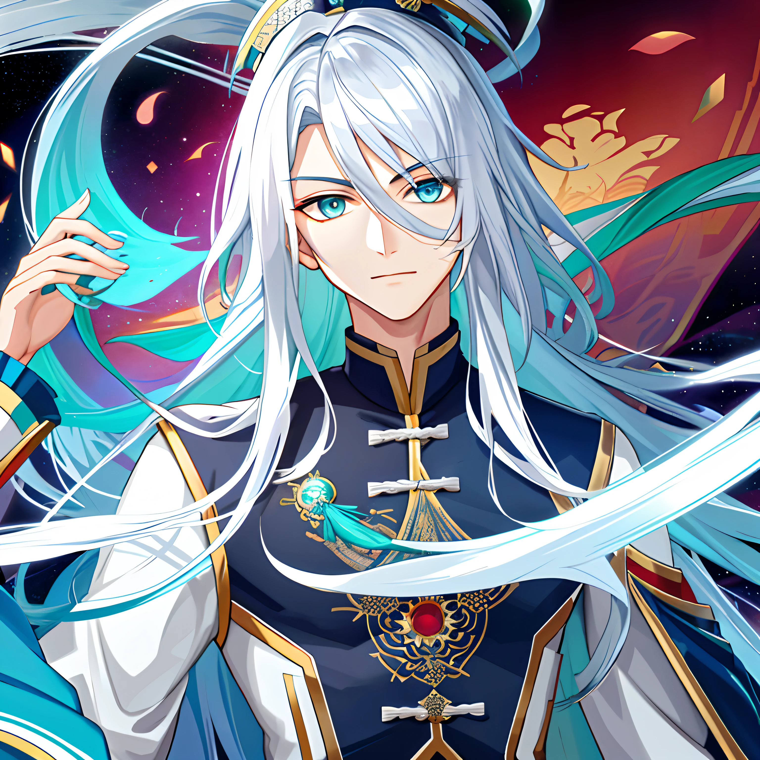 bel homme,Silver hair,Yeux turquoise cosmiques,Cheveux longs et blancs,style chinois