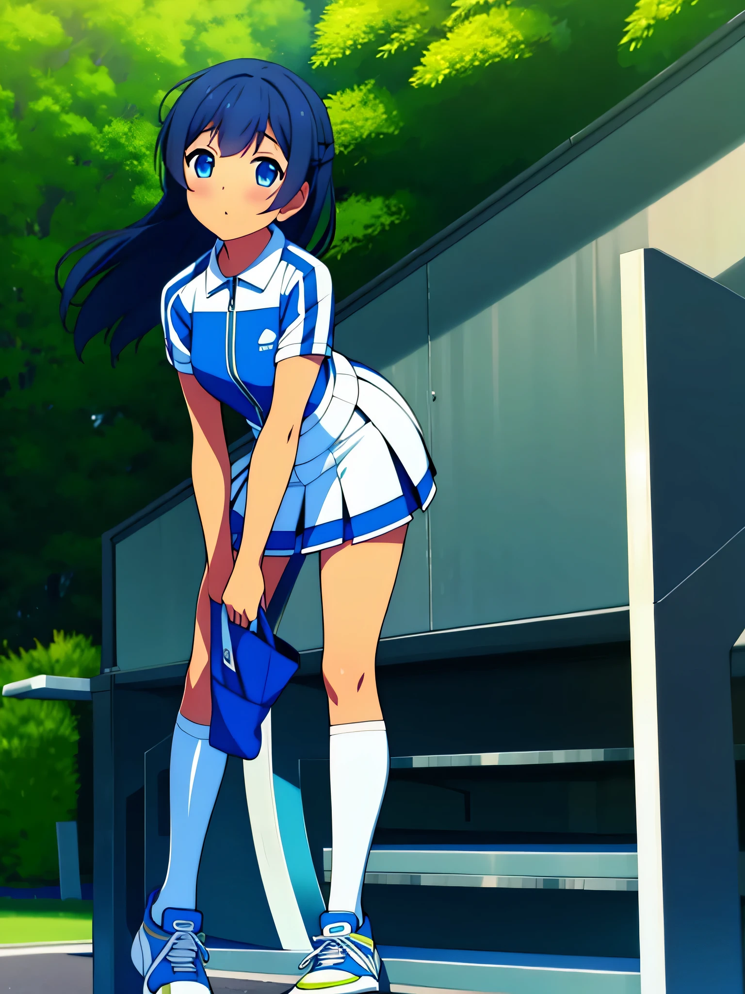 1 girl n blue hair eyes
 light black color with white tennis suit with blue in mini skirt white stockings in park