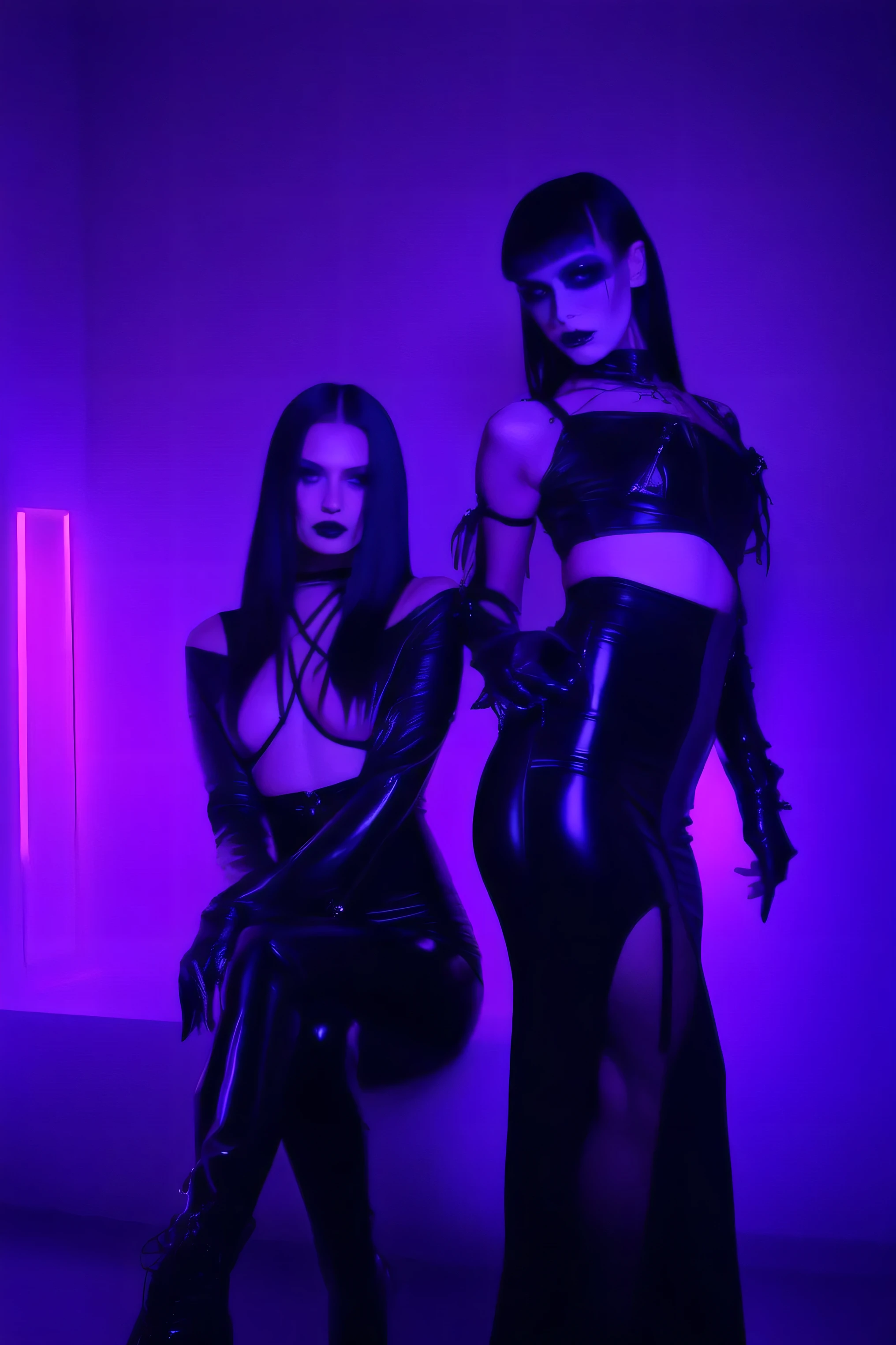 Sexy demonic couple dressed in latex lingerie posing for a photo, purple neon lights, fundo roxo, Darksynth aesthetics, Fashion Aesthetic Fetish, Corpo Perfeito, Sexy Well, demon woman, Gothic fashion, gothic aesthetic, vampire aesthetics.