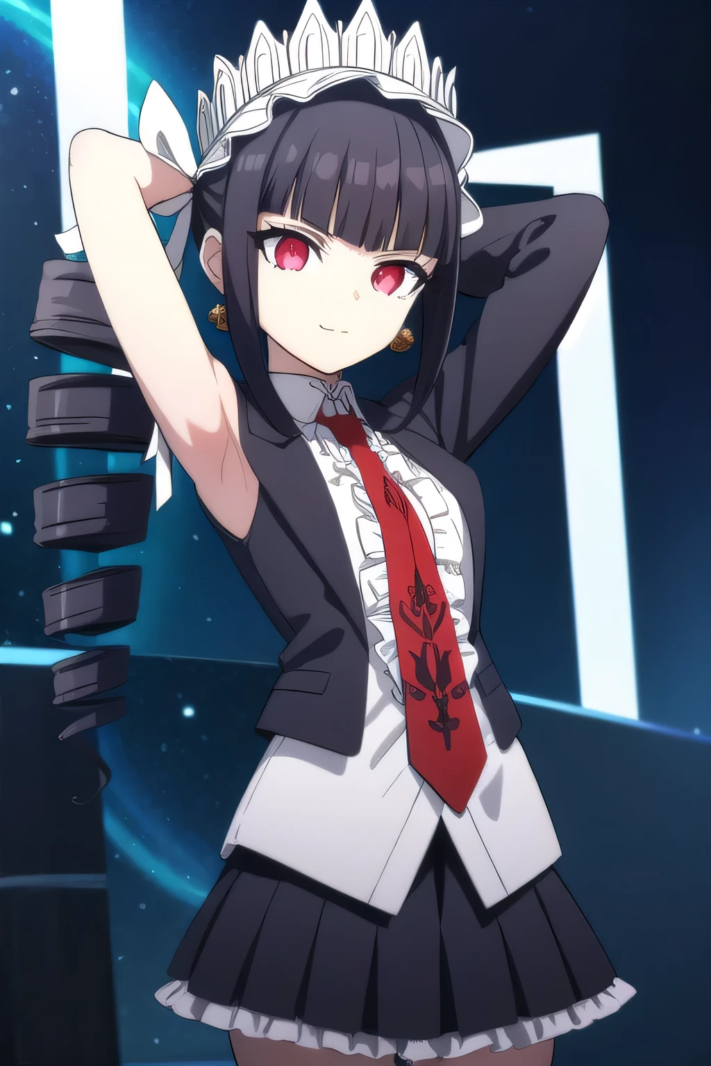 celestialudenberg, celestia ludenberg, long hair, bangs, black hair, (red eyes:1.3), long sleeves, twintails, drill hair, twin drills,
BREAK skirt, shirt, black hair, long sleeves, jewelry, jacket, earrings, frills, necktie, black skirt, black jacket, red necktie, bonnet, print necktie,
solo, night sky, forest, arms behind head, contrapposto, spread armpits, closed mouth, smile, cowboy shot,
BREAK (masterpiece:1.2), best quality, high resolution, unity 8k wallpaper, (illustration:0.8), (beautiful detailed eyes:1.6), extremely detailed face, perfect lighting, extremely detailed CG, (perfect hands, perfect anatomy),