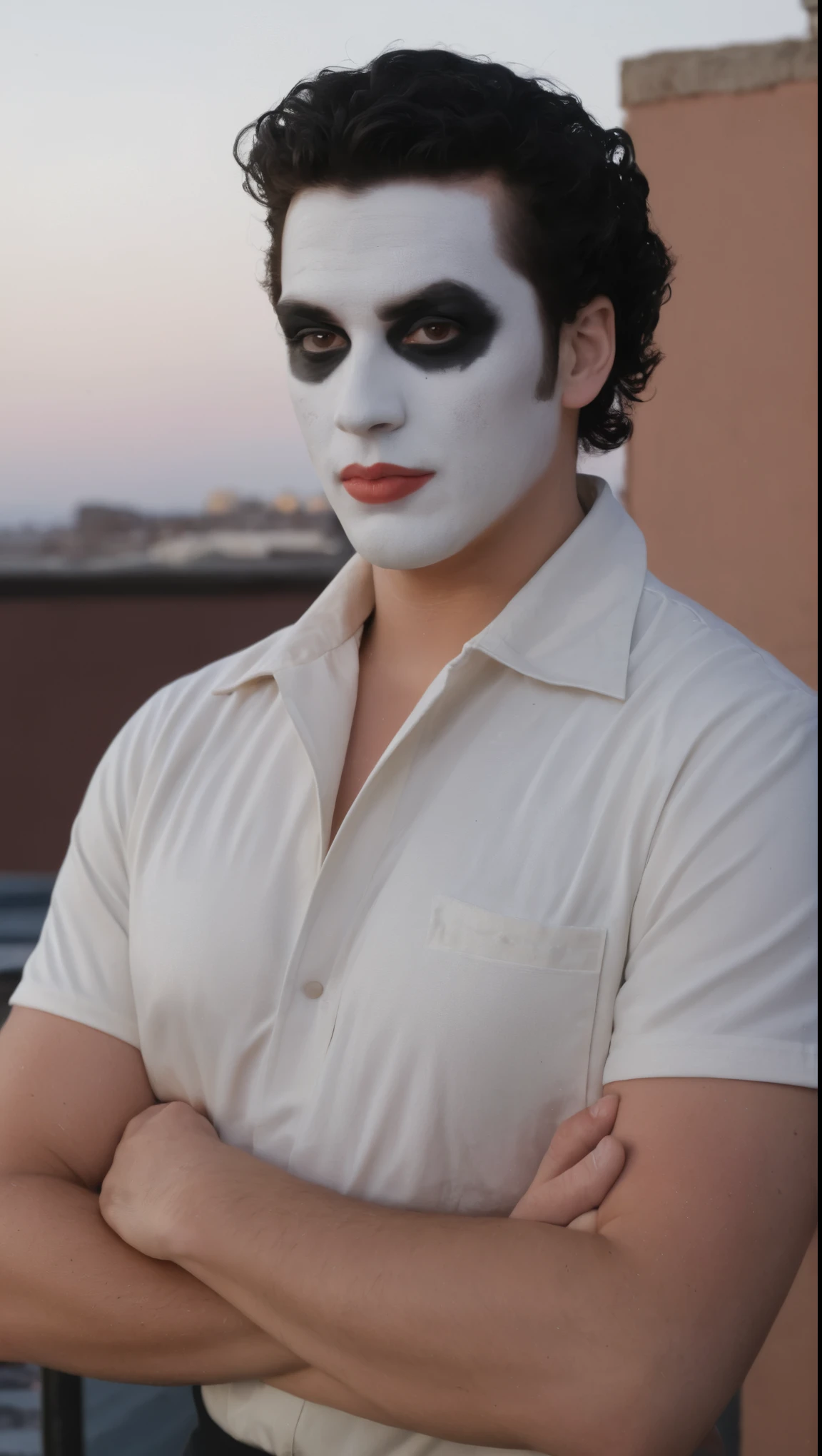 A movie poster, full color, a mime, male, 28 years-old, wearing black and white crow makeup and a bowling shirt with poker symbols, stocky, soft doughy physique, deep brown eyes, wide bulbous nose, full lips, black lipstick, black hair, curly quiff, thick bushy eyebrows, extremely hairy chest, stomach, and arms, lots of body hair, posing on a neon-lit rooftop, hard shadows, RAW photograph, cinematic shot, masterpiece