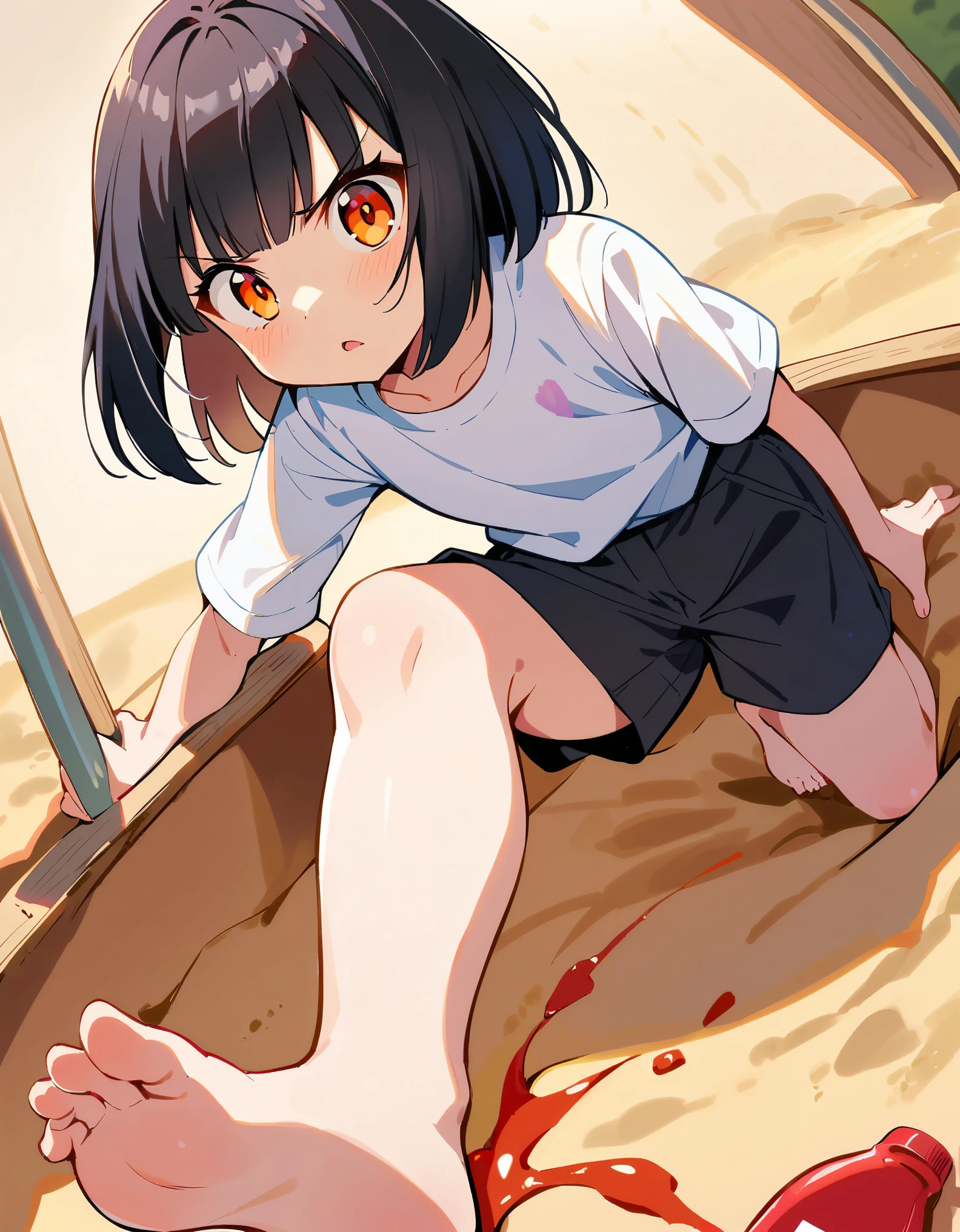 1 girl, solo, very young, black short hair, bangs, straight hair, orange eyes, very angry, evil, mad, plain white shirt and black shorts, playing in a sandbox on the playground, shot from below, looking at viewer, barefoot, one foot above viewer, standing on one leg, focus on sole, foreshadow on sole, there is ketchup on her sole