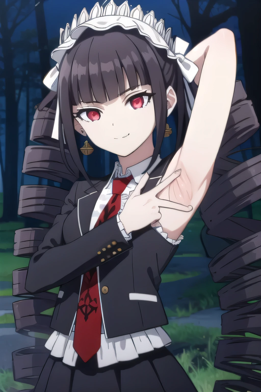 celestialudenberg, celestia ludenberg, long hair, bangs, black hair, (red eyes:1.3), long sleeves, twintails, drill hair, twin drills,
BREAK skirt, shirt, black hair, long sleeves, jewelry, jacket, earrings, frills, necktie, black skirt, black jacket, red necktie, bonnet, print necktie,
solo, night sky, forest, arms behind head, contrapposto, spread armpits, closed mouth, smile, upper body,
BREAK (masterpiece:1.2), best quality, high resolution, unity 8k wallpaper, (illustration:0.8), (beautiful detailed eyes:1.6), extremely detailed face, perfect lighting, extremely detailed CG, (perfect hands, perfect anatomy),