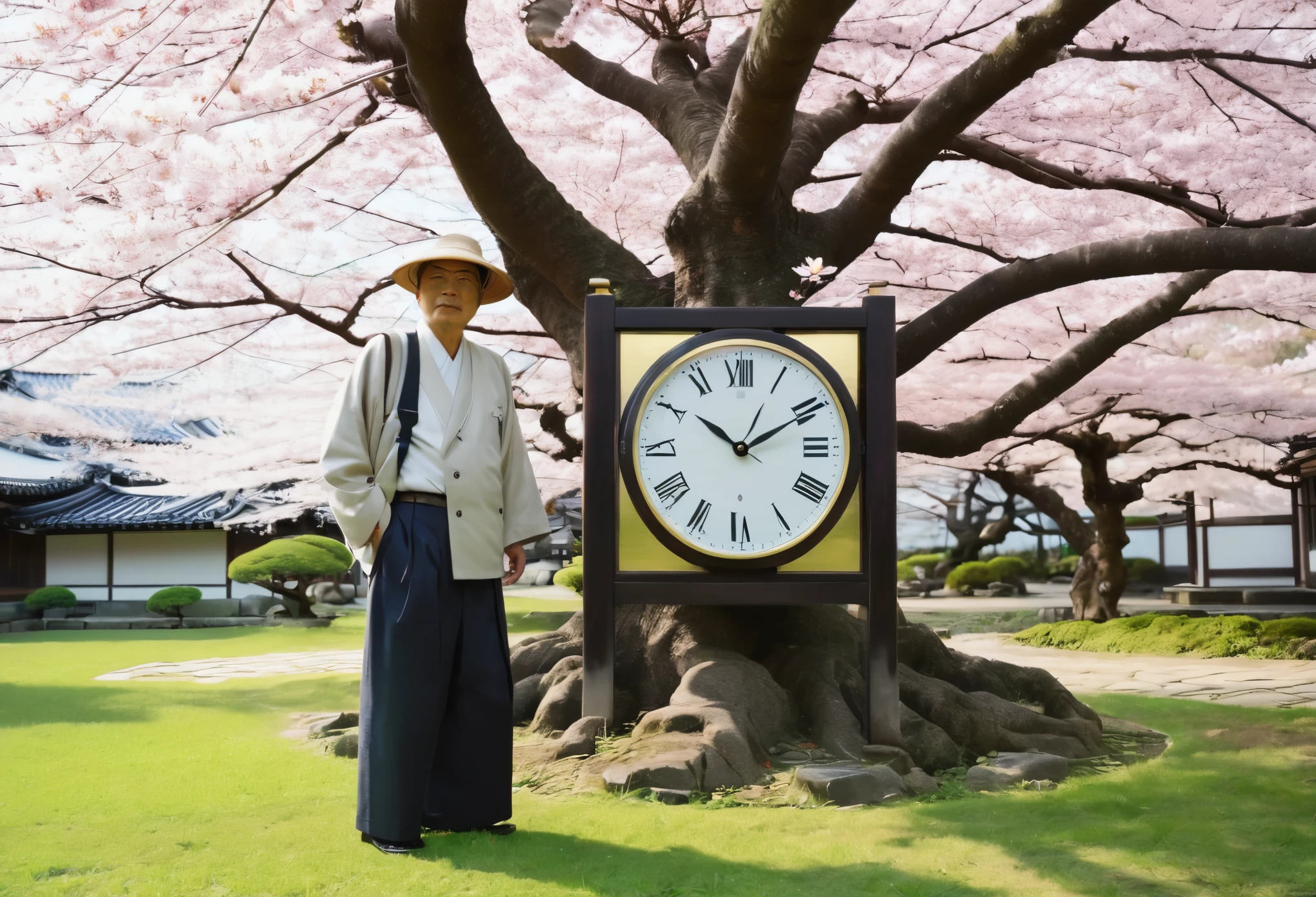 Around fifty years old man with clock in front of tree, Japanese Templess, Works inspired by Ito Jakuchu, Works inspired by Sesshu Toyo, Japan Tourism, Japanese Temples, 4 0 9 6, Japanese travel and tourism, ancient japanese architecture, The aesthetics of travel in Japan, sakura season