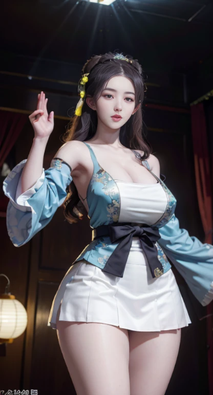 Super detailed,very detailed,best quality,masterpiece,Enlightenment,actual, web rod,Chinese underwear, [[[特写cleavage]]]]Big breasts，saggy breasts, looking at the audience，cleavage, 1个Giant Breast Girl, alone, long white hair, Half-hammered shark, clavicle, diaphragm, hanfu, shirt, , Chinese clothes, skirt, long sleeve,wide sleeves, skirt,camisole, jewelry,hair accessories, Off the shoulders, shoulder, raise arms, eternal, looking at the audience, Floral fragrance, lantern,indoors, fail, blurred background, photo background,
