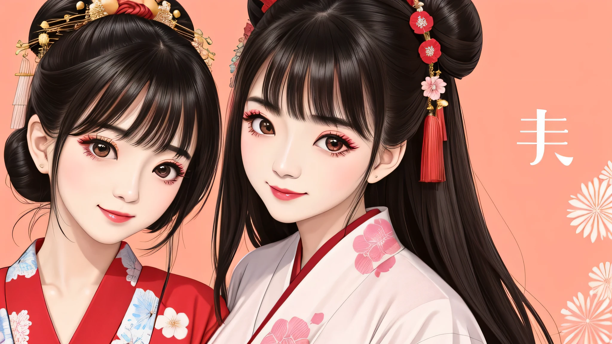 Each has a different expression２People and sisters、(２ girls）、｟Dancing traditional performing arts gracefully)、((big breasts、small face、not exposed))、highest quality、masterpiece、（black hair、Bun Hair）、brown eyes、｟wide angle、Angle from above, from the waist up、Pause on the magazine cover、Each person has a different perspective when looking into the distance｠、(８K high quality、masterpiece、High resolution、Realistic and beautiful light and shadow、(highest quality)、(high resolution)、(very delicate and beautiful)、(beautiful 8k face)、(Close your eyes while smiling、Beautiful eyes)、(Transparent skin)、(soft hair)、(８head and body)、(Japanese-style yukata kimono with red, pink, and orange floral patterns on a white background, mixed with gold powder、Five beautiful Japanese girls wearing yukata)、((tanabata decoration background))、((small face))、(arms up)、thin and small nose、（red lipstick）、（make cheeks red）、（Glossy skin）、((Ink painting style))、extremely thin eyebrows、Overall super high quality、（She wears maiko-style makeup）、Whitening、long and beautiful eyelashes、Glossy skin、（red cheeks）,straight nose、masterpiece、highest quality、whole body、 eyebrows visible through hair、Bun Hair、grin、gal、Kogal、Viewer&#39;s perspective、Plaid、Fashionable、woman、fine、Pause、
Waiting to start 
