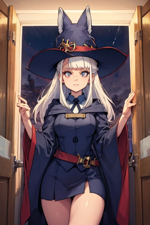 A white haired female witch with copper eyes and white fox ears and a white fox tail in a conservative witch's uniform is working with magic at night