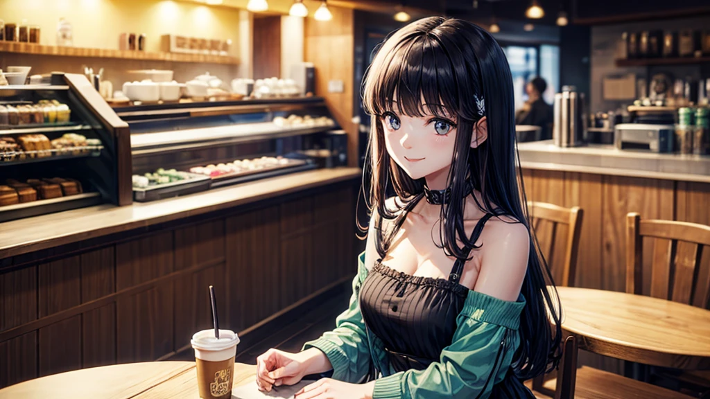 original photo, best quality), 1 girl, Shiba Miyuki, natural lighting, Upper body, cafes, Smile, Satosh Khan Art Style