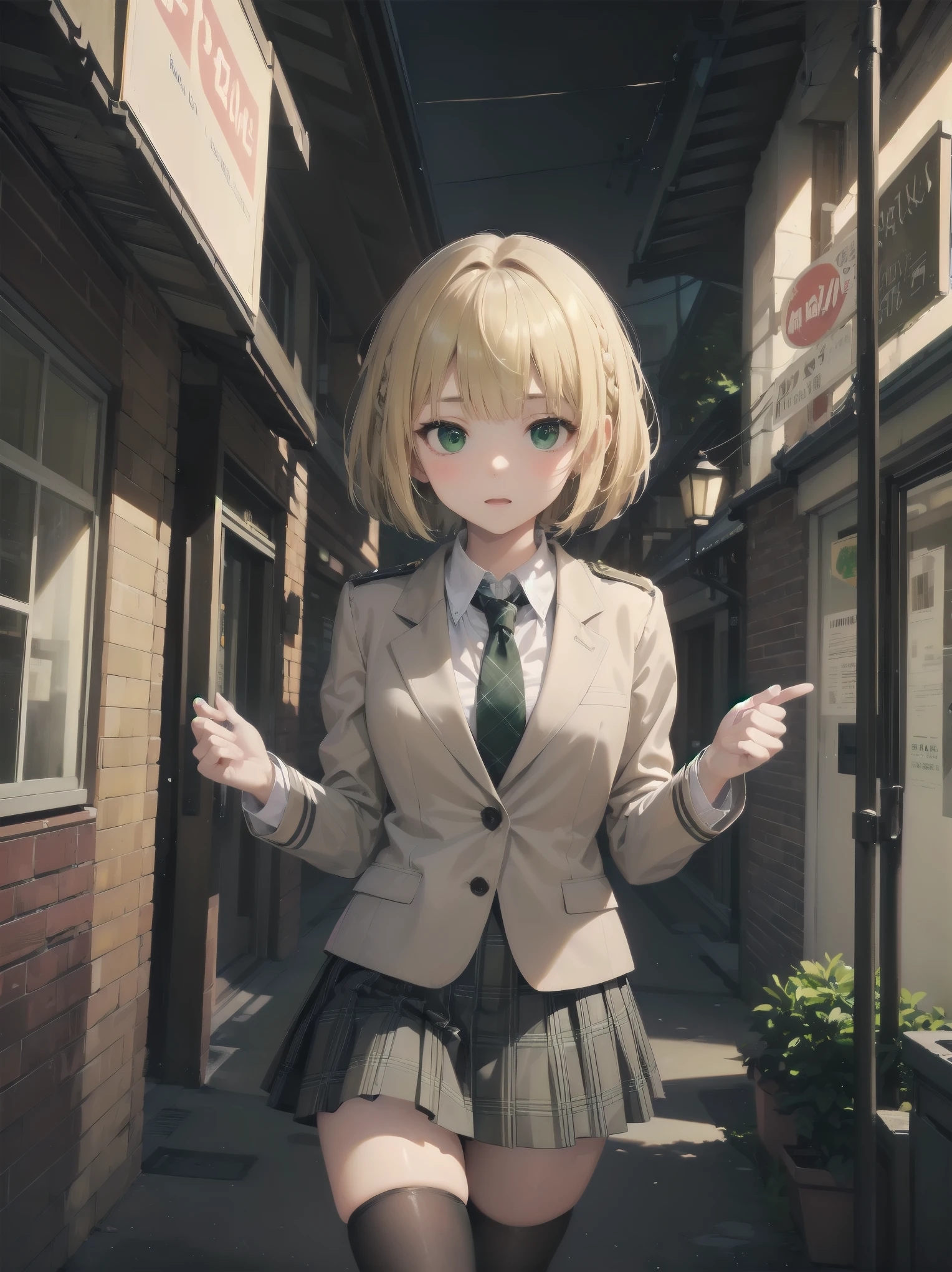 Top-High quality、Highest image quality、masterpiece、high contrast、Elegant、erotic expression、high school girl、blonde、Bob cut braids、uniform、(brown blazer)、ribbon tie、(Green and gray plaid skirt)、(black tights)、cinematic lighting、fine shading、cute、Truly unbelievably cute absurd、outside、outside苑