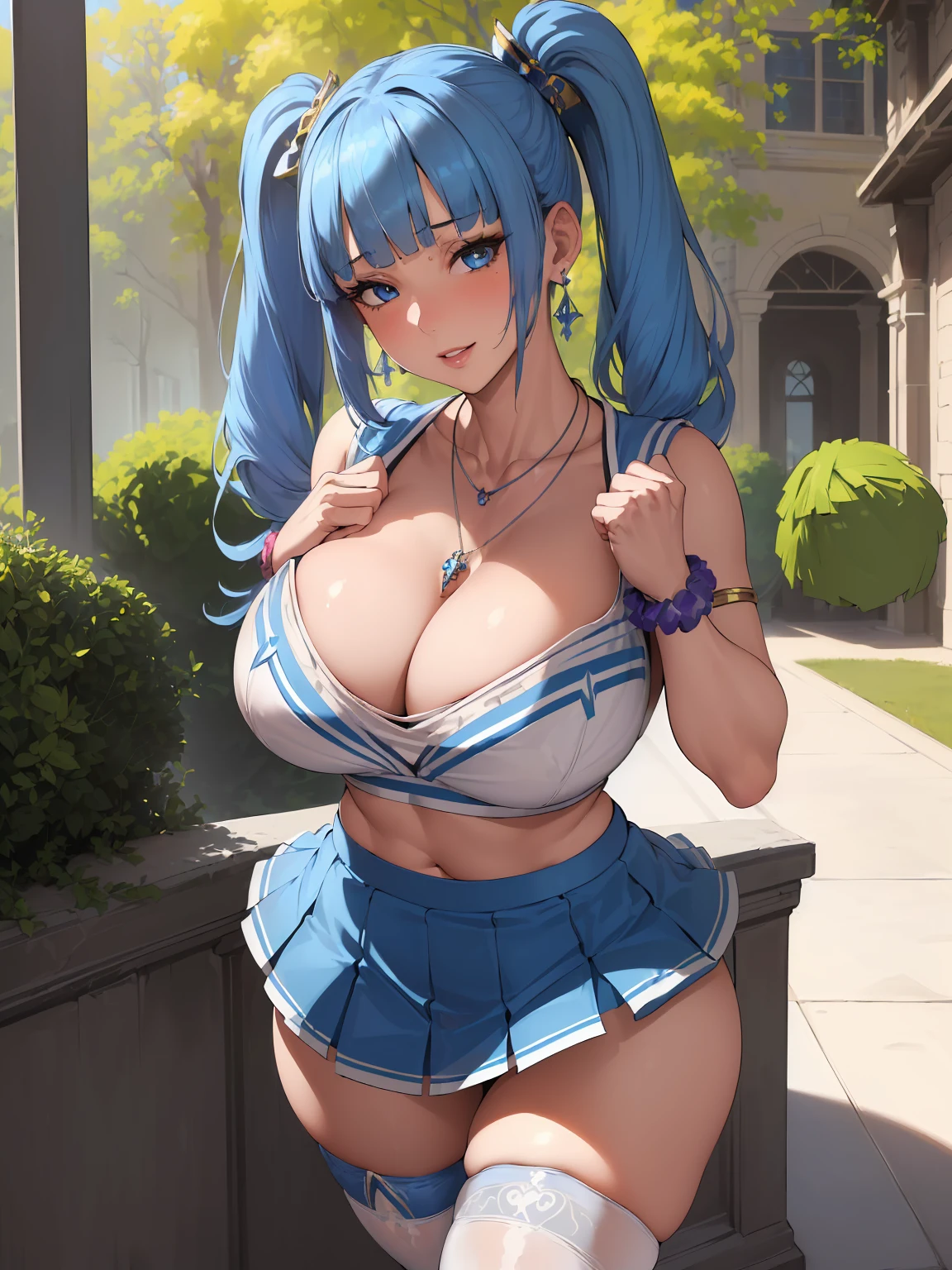(((absurdres))), (((masterpiece))), (((best quality))), ((ultra-detailed)), ultra high quality, realistic, (real picture, intricate details, depth of field), ((((1girl, solo)))), make up, parted lips, highly-detailed, perfect face, (((mature woman, milf))), (large breasts, thick thighs, wide hips, attractive waist), (skindentation), tall, glossy lips, ((toned abdomen)), sexy, blushing, ((blue hair, blunt bangs, twintails)), ((beautiful blue eyes)), ((necklace, earrings, hair accessories, hair ornaments, scrunchie, bracelet)), ((((cheerleader, cleavage, short skirt, stockings)))), alluring smile, ((outdoors, school courtyard)), (((erotic pose, jumping)))