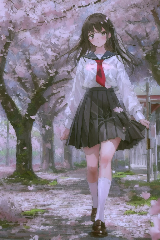 (highest quality:1.3), (masterpiece:1.4),(anatomically correct), (All limbs),(full finger),(Precise fingertip detail),(8K),high school girl, one person, black hair, Old-fashioned sailor suit, white shirt, black pleated skirt, Red tie, white socks, black loafers, Rows of cherry blossom trees in the background, overhead view, walking
