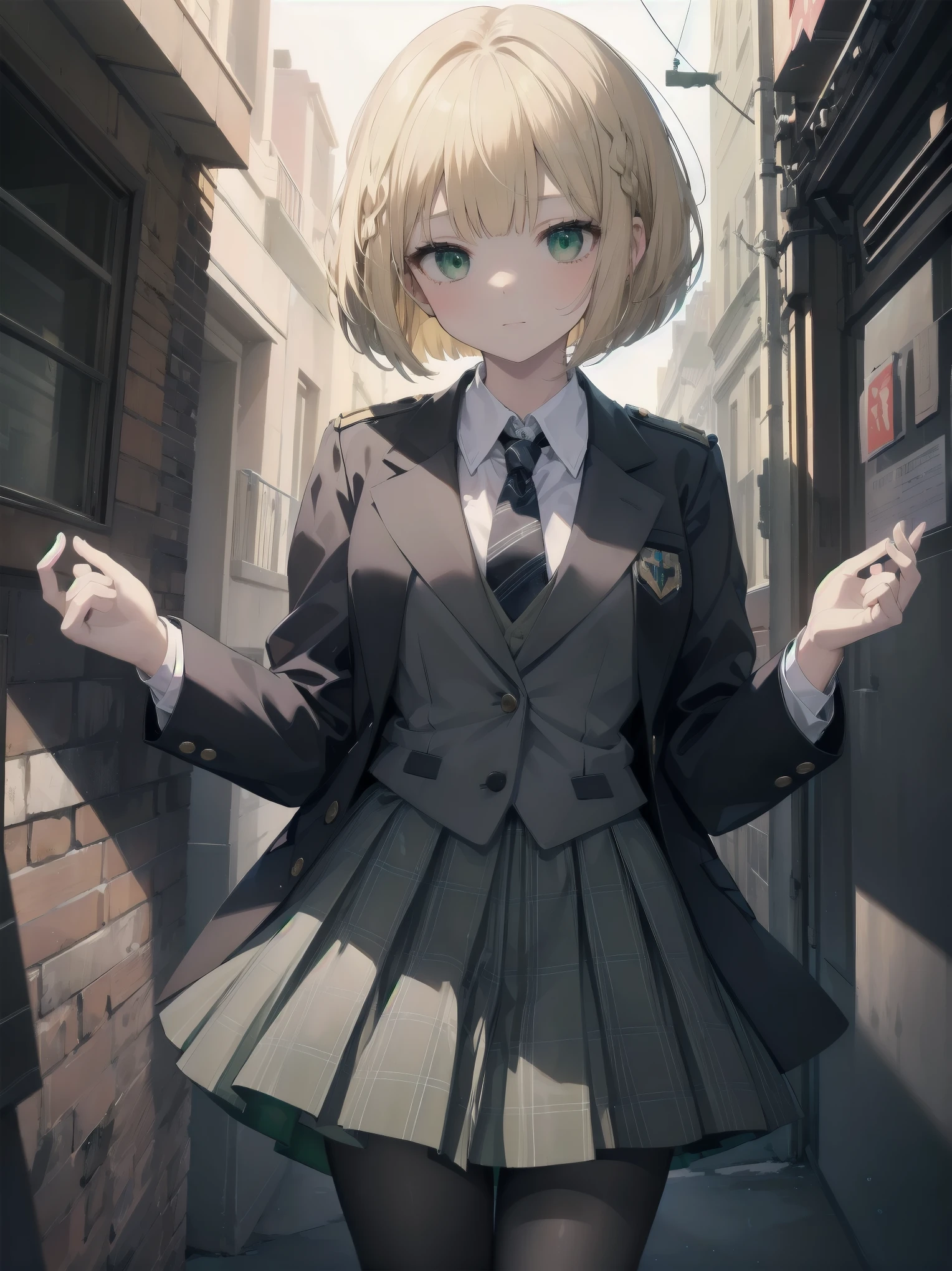 Top-High quality、Highest image quality、masterpiece、high contrast、Elegant、erotic expression、high school girl、blonde、Bob cut braids、uniform、(brown blazer)、ribbon tie、(Green and gray plaid skirt)、(black tights)、cinematic lighting、fine shading、cute、Truly unbelievably cute absurd、outside、outside苑