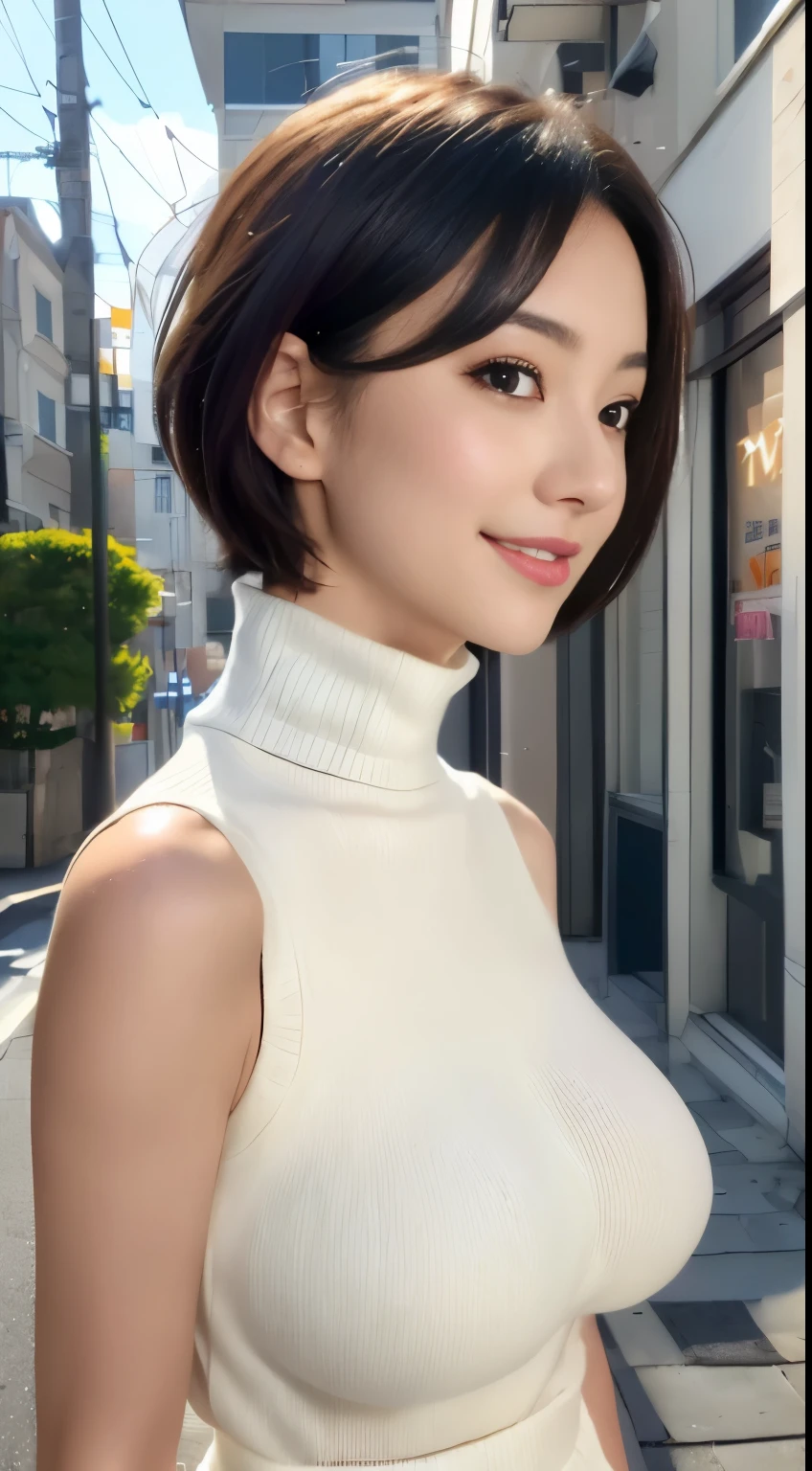 (8K, 超A high resolution, highest quality, table top:1.2)、Japanese girl raw portrait、超A high resolution、highest quality、 (huge breasts,:1.6)、{hide all breasts:1.2}{off white shorts:1.5}、(Wear a white sleeveless turtleneck sweater:1.5)、(From hand to waist:1.6)、(in the street:1.2) break (natural skin texture、fine skin、hyper realism、super sharpness)、intricate details、Depth of the bounds written、sexy adult woman、black short hair、tight buttockaster piece、highest quality、high details))、(Photoreal:1.4)、solo、please shut your mouth、smile happily、White-eye、Clear double eyelids、eyelash、long neck、Absolute area、beautiful clavicle、perfect face、thin lips、small face、(gaze towards the viewer、eye highlights、light brown eyes、lip gloss)、(Whole body viewed from the side:1.3)